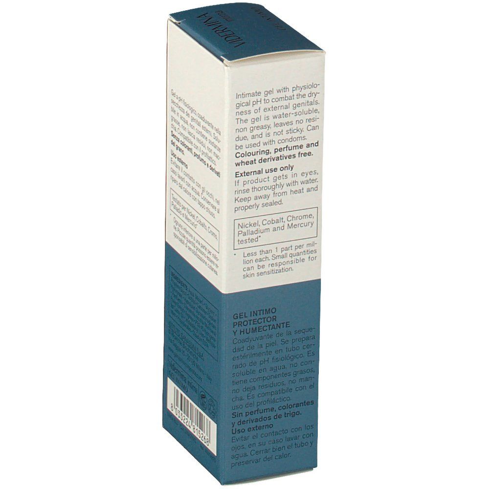 Boîte de Vidermina Intima Intimgel. Côté avec texte. GEL INTIME PROTECTEUR ET HUMECTANT. Sans parfum ni dérivés.
