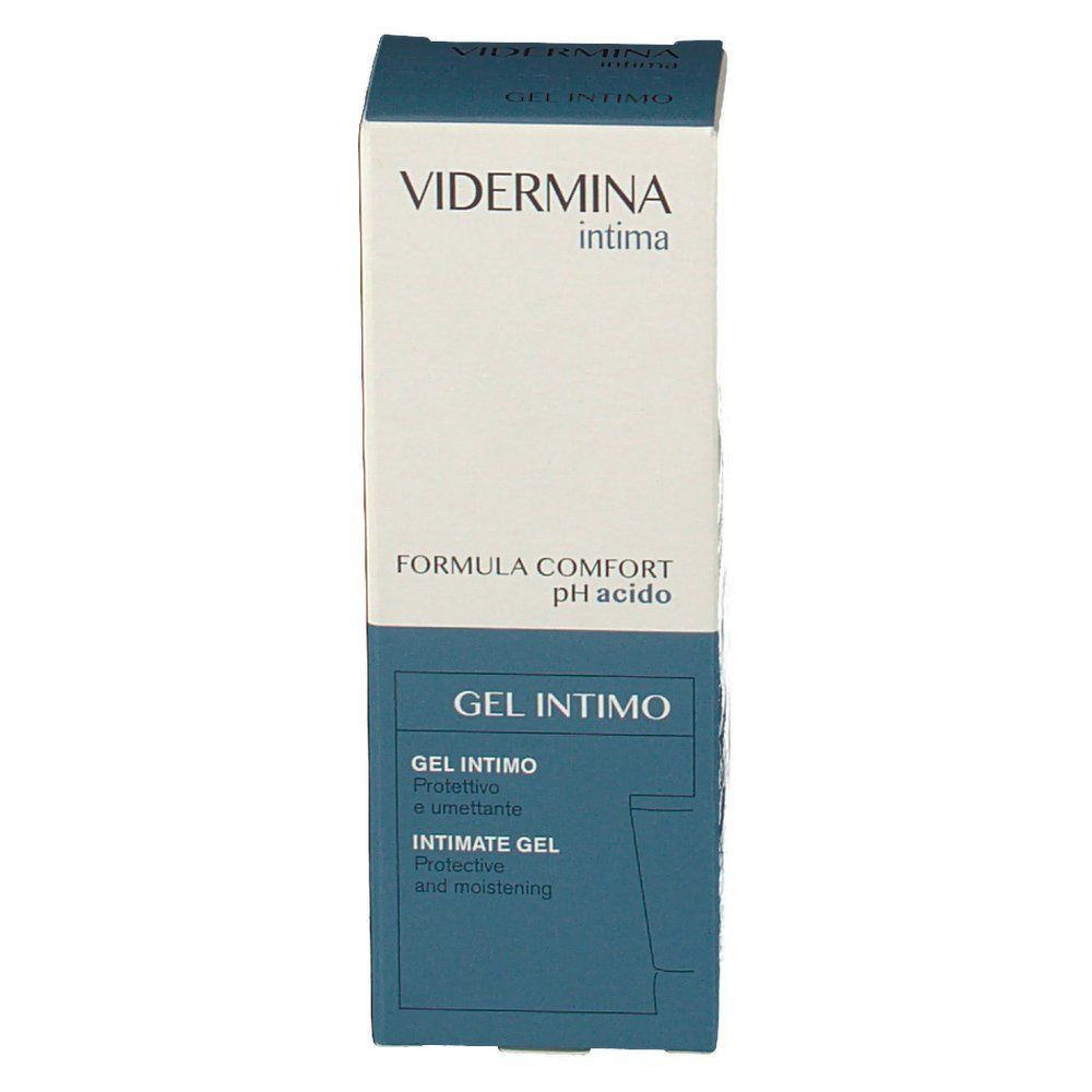 Boîte de Vidermina Intima Intimgel. Blanc et bleu. Texte: FORMULA COMFORT pH acido, GEL INTIMO, INTIMATE GEL.