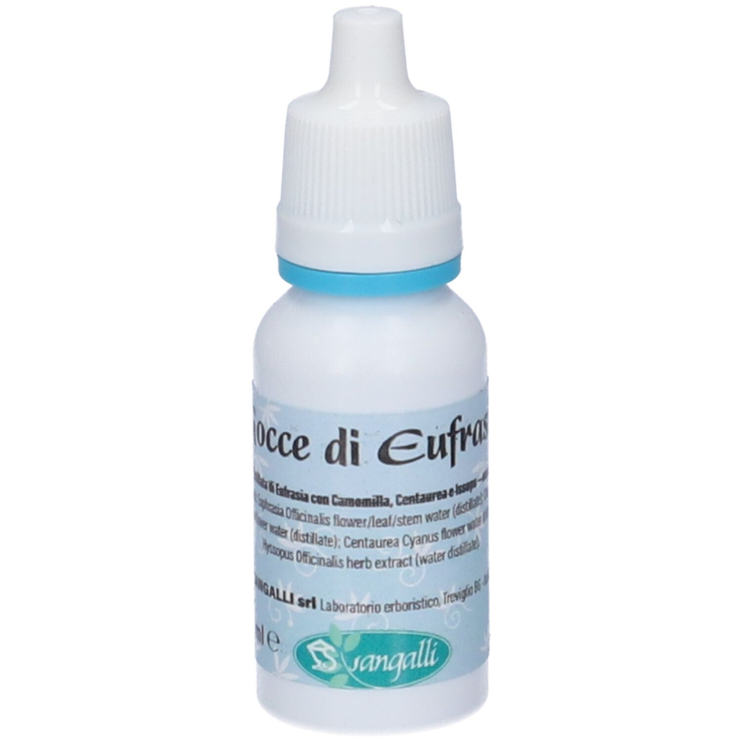 Weißes Fläschchen mit Augentropfen, weißer Verschluss, blauer Ring. Aufschrift: Gocce di Eufrasia.