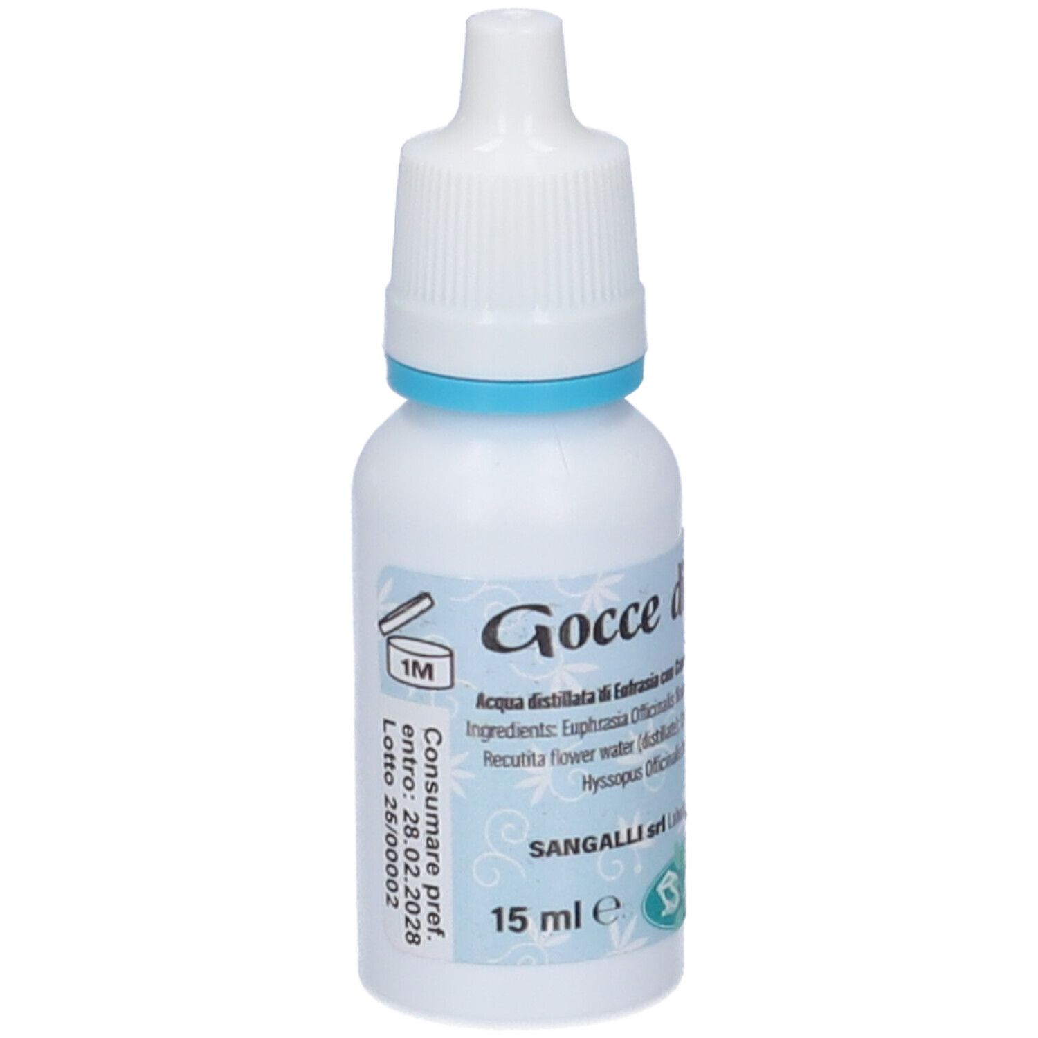 Weißes Fläschchen mit Augentropfen, weißer Verschluss, blauer Ring. Aufschrift: Gocce di Eufrasia, 15 ml.