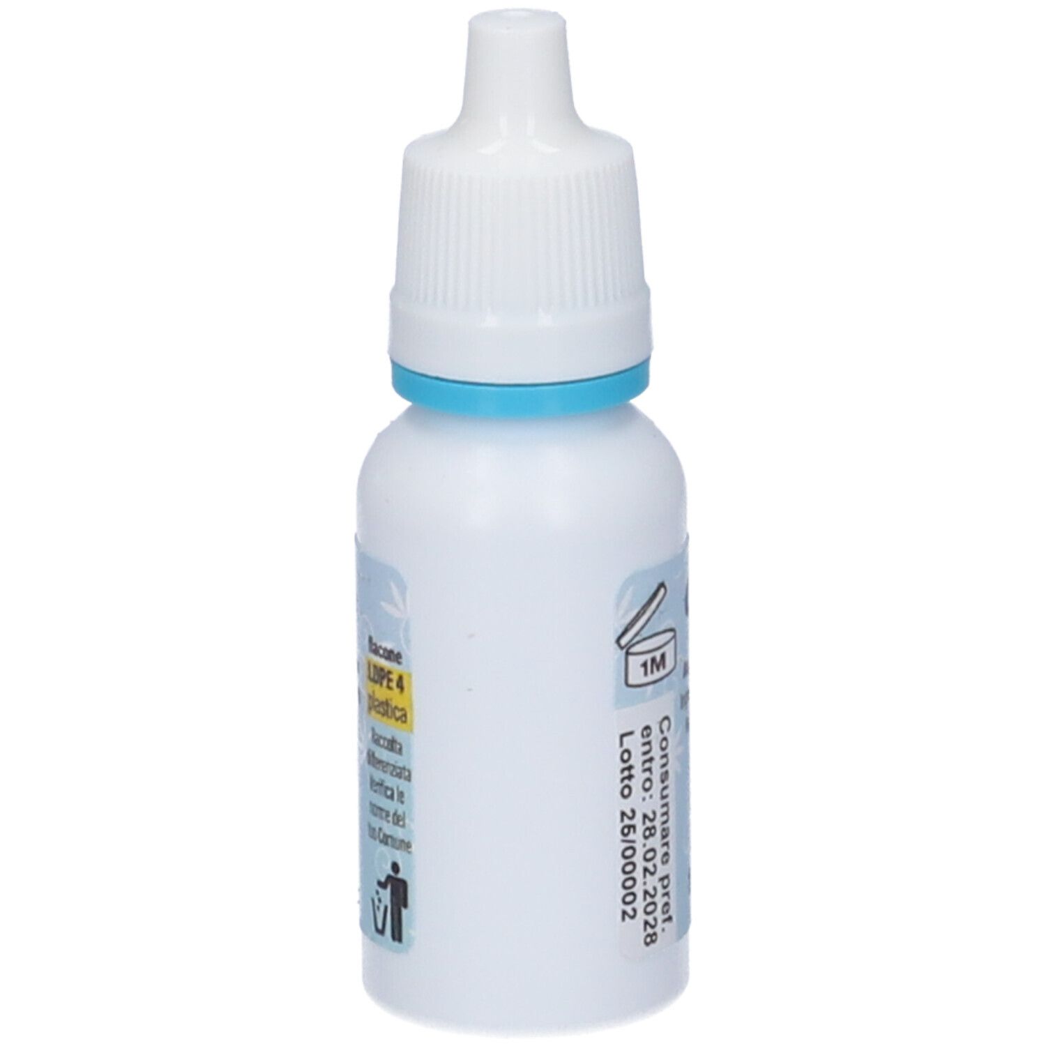 Weißes Fläschchen mit Augentropfen, weißer Verschluss, blauer Ring. Aufschrift: Gocce di Eufrasia, 15 ml.