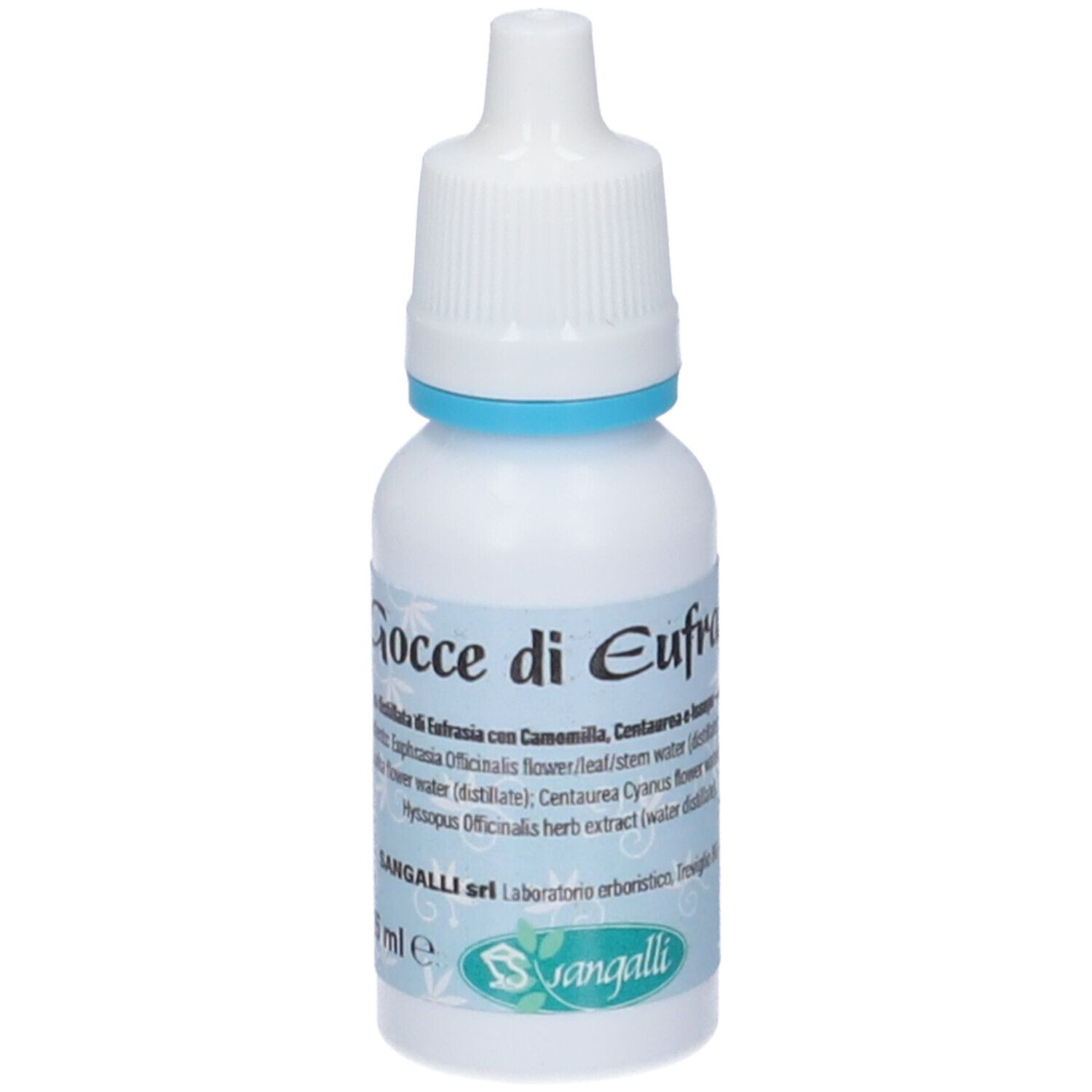 Weißes Fläschchen mit Augentropfen, weißer Verschluss, blauer Ring. Aufschrift: Gocce di Eufrasia, 15 ml.