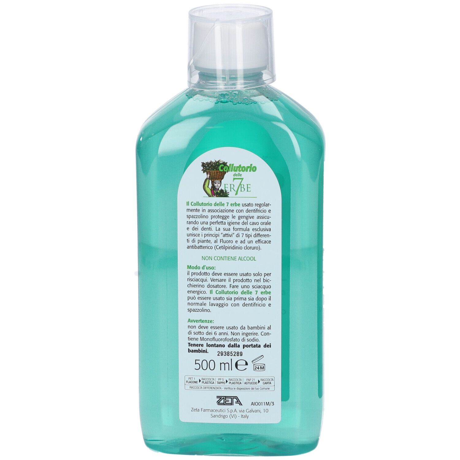 Grüne Flüssigkeit in einer transparenten Flasche mit weißem Deckel. Aufkleber mit Text und Kräuter-Illustration. 500 ml.