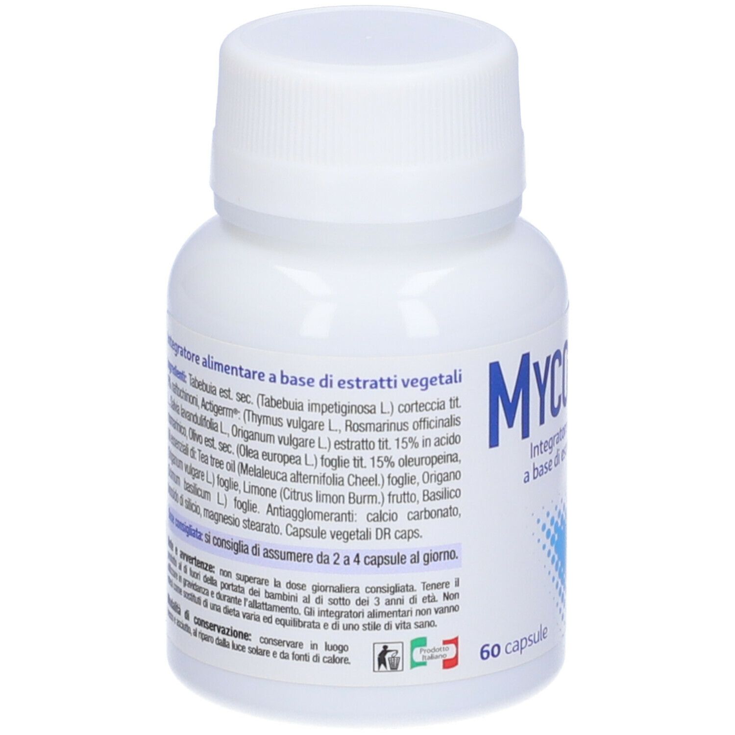 Flacon blanc de Mycoflor, 60 gélules, 34g. Ingrédients au dos. Inscription et graphique bleus.