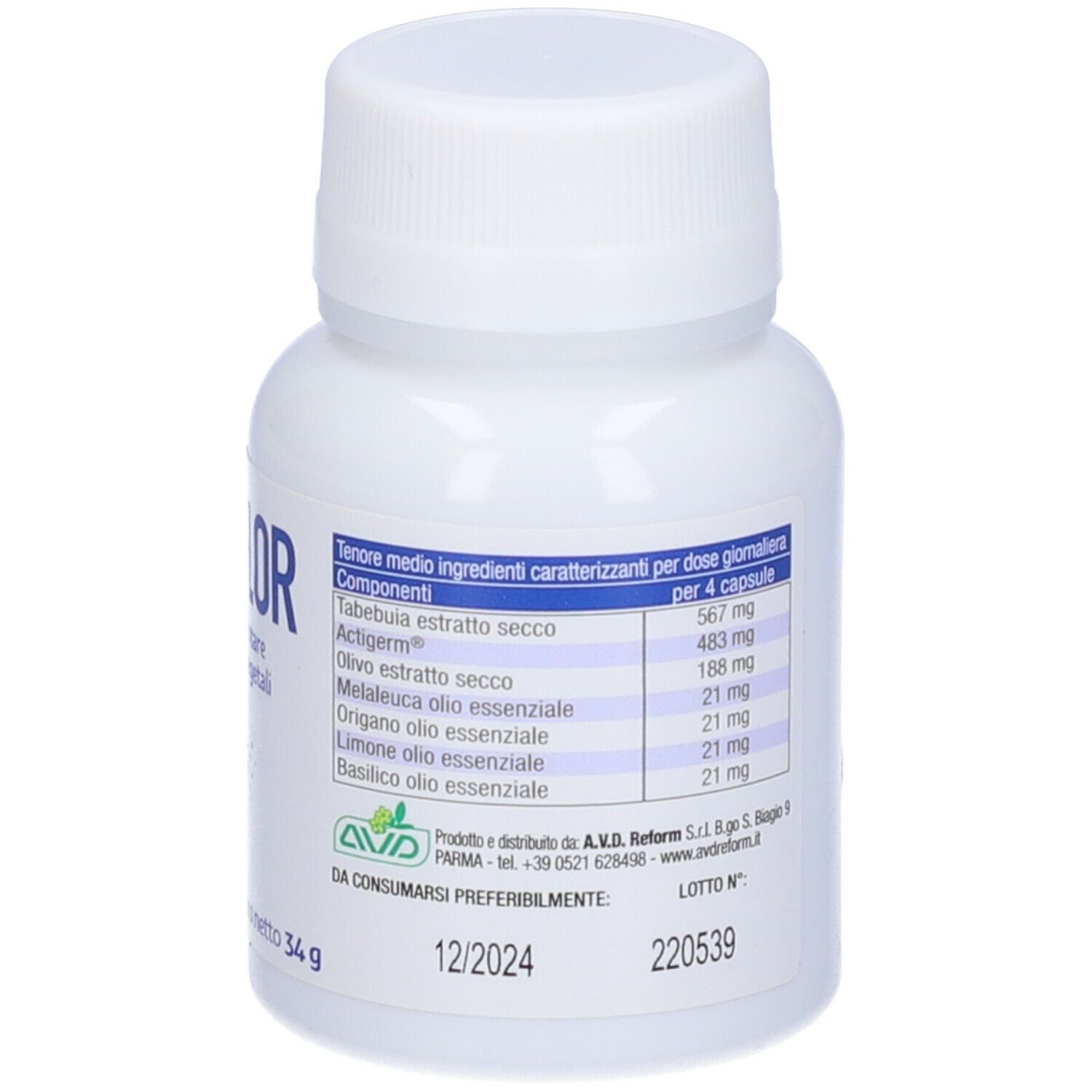 Flacon blanc de Mycoflor, 60 gélules, 34g. Ingrédients au dos. Inscription et graphique bleus.