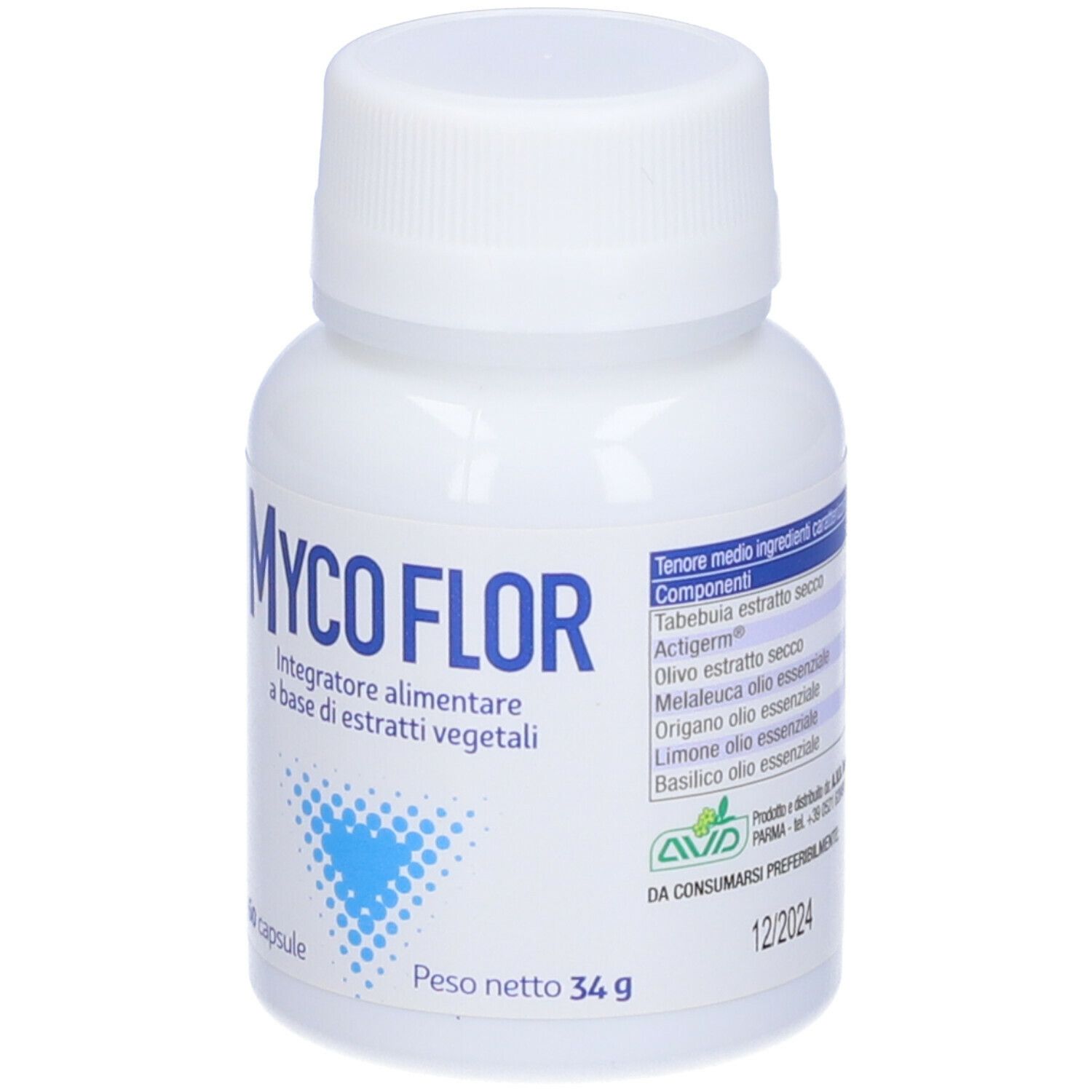 Flacon blanc de Mycoflor, 60 gélules, 34g. Ingrédients au dos. Inscription et graphique bleus.