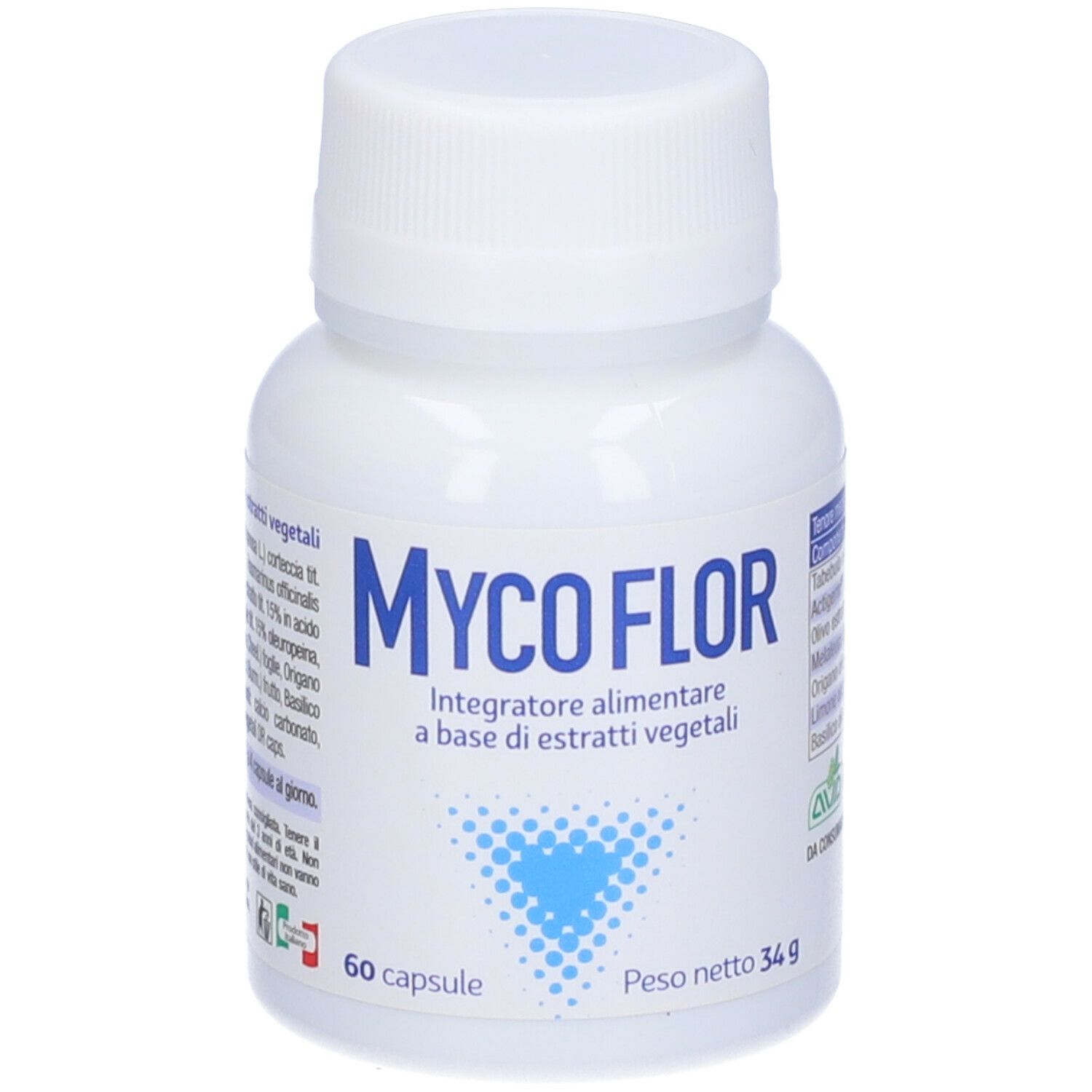 Flacon blanc de Mycoflor, 60 gélules, 34g. Ingrédients au dos. Inscription et graphique bleus.