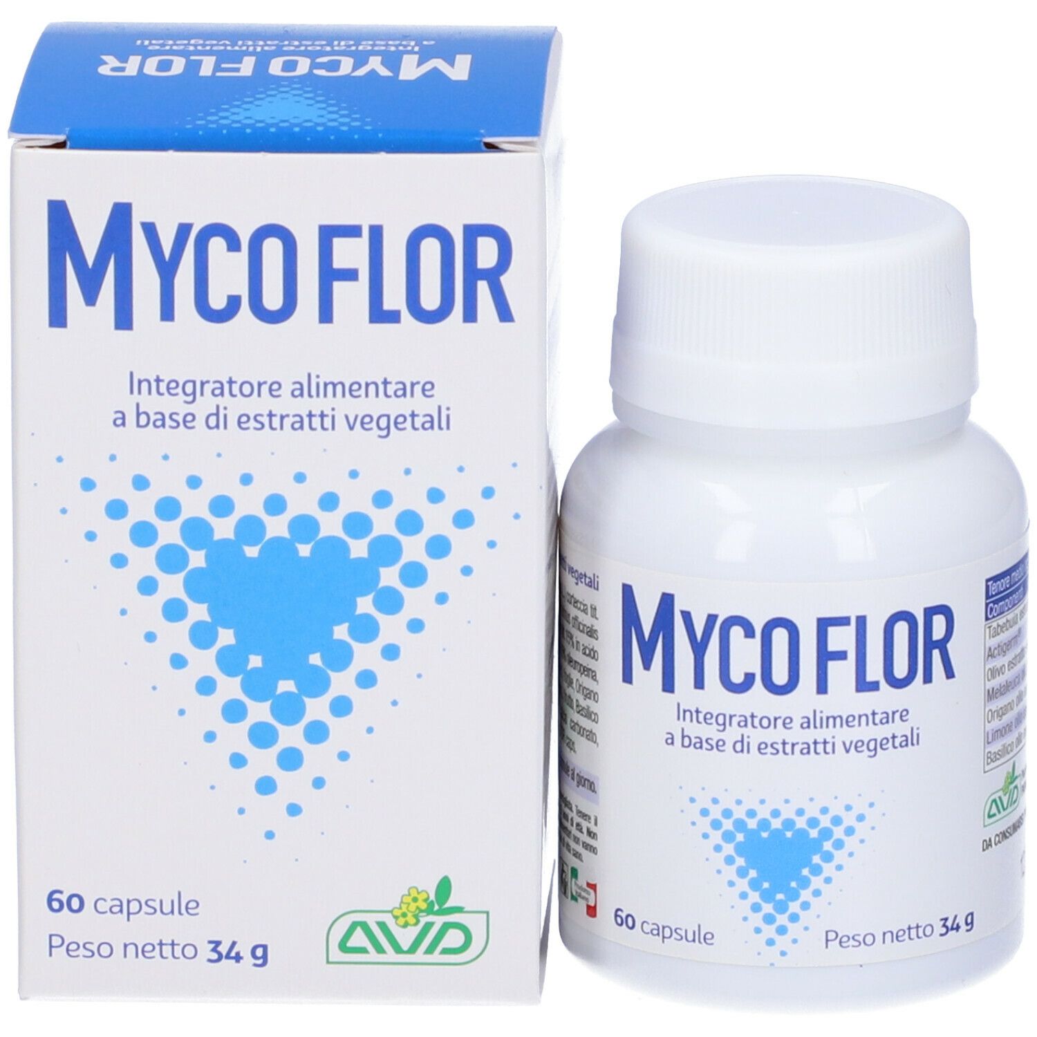 Boîte et flacon Mycoflor. Inscription: 60 gélules, 34g. Graphique bleu. Flacon et boîte.