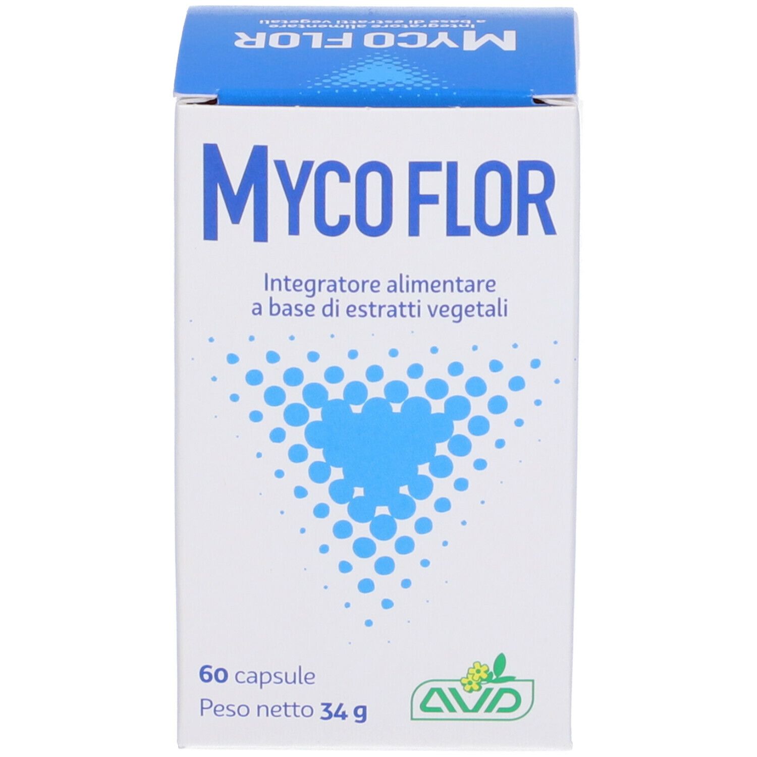 Boîte Mycoflor. Inscription: 60 gélules, 34g. Graphique bleu. Boîte blanche à couvercle bleu.