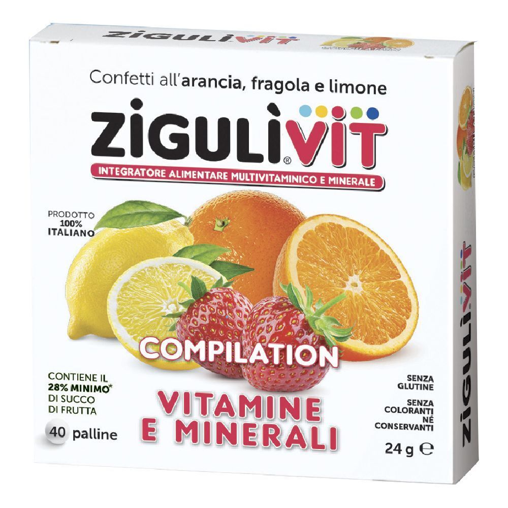 Schachtel mit Zigulìvit Compilation Vitamine e Minerali. Abbildung von Früchten: Orange, Zitrone, Erdbeere. Text: Konfekt, 40 Pastillen.