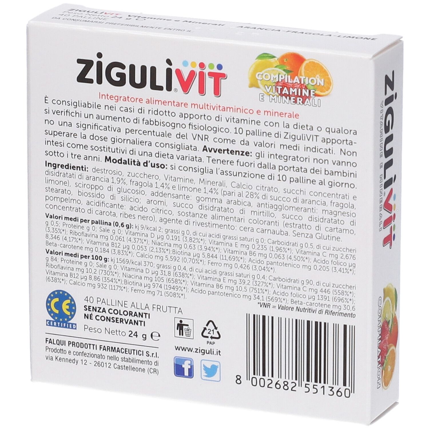 Arrière de l'emballage Zigulivit Vitamines et Minéraux avec liste d'ingrédients.