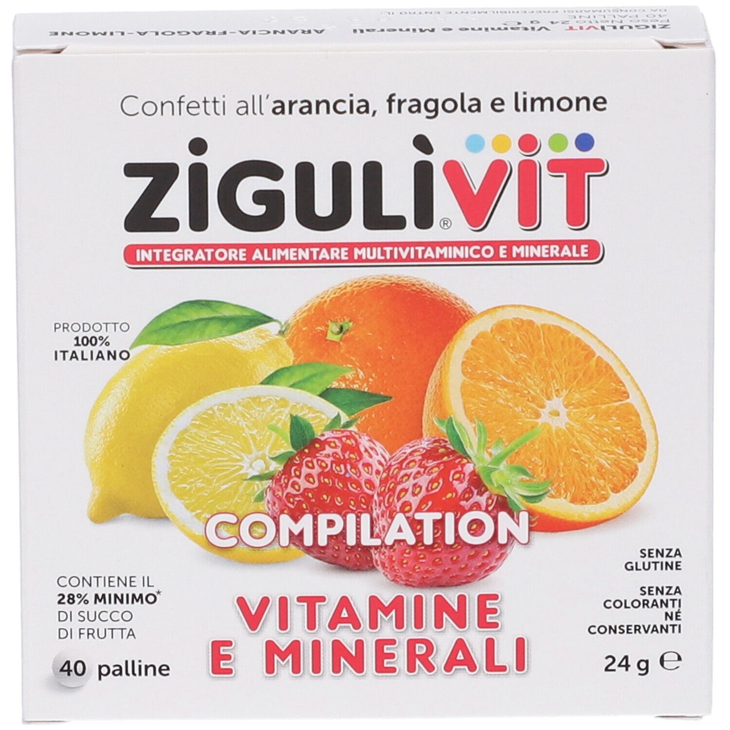 ZIGULIVIT Multivitamin- und Mineralstoff-Nahrungsergänzungsmittel in einer 24g-Packung mit 40 Pillen. Enthält Fruchtsaft. Ohne Gluten, Farbstoffe, Konservierungsstoffe.