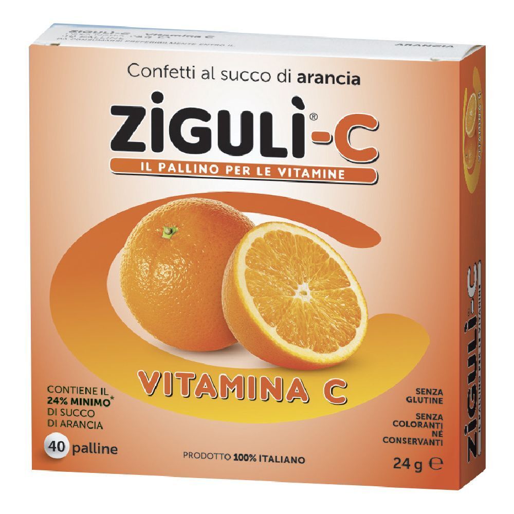Boîte de Ziguli-C, vitamine C, goût orange. Contient 40 pastilles. Image d'oranges.