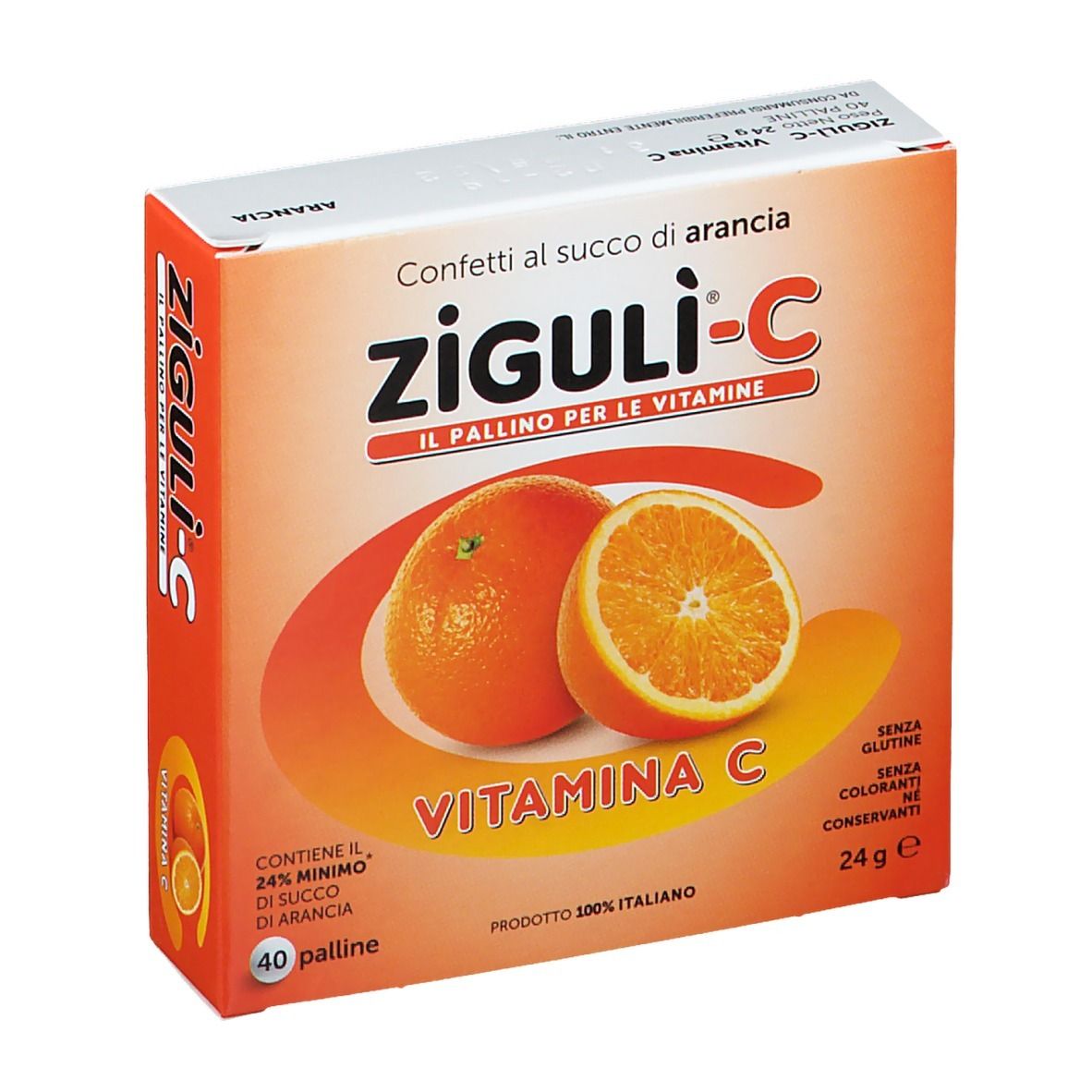 Boîte de Ziguli-C, vitamine C, goût orange. Contient 40 pastilles. Image d'oranges.