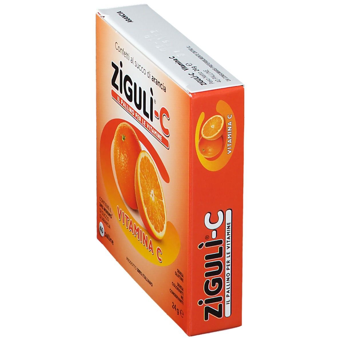 Boîte de Ziguli-C, vitamine C, goût orange. Contient 40 pastilles. Image d'oranges.