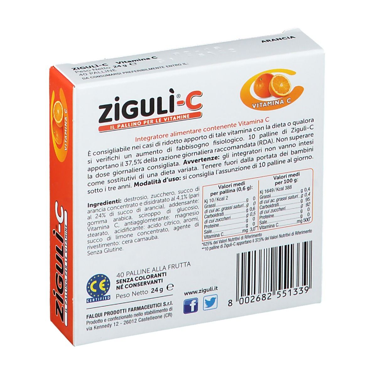 Dos de la boîte de Ziguli-C. Contient des informations sur les ingrédients et la valeur nutritionnelle. Image d'oranges.