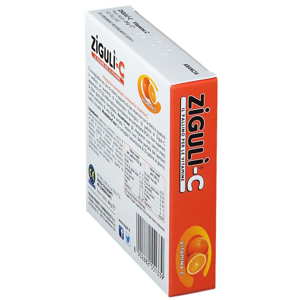 Dos de la boîte de Ziguli-C. Contient des informations sur les ingrédients et la valeur nutritionnelle. Image d'oranges.