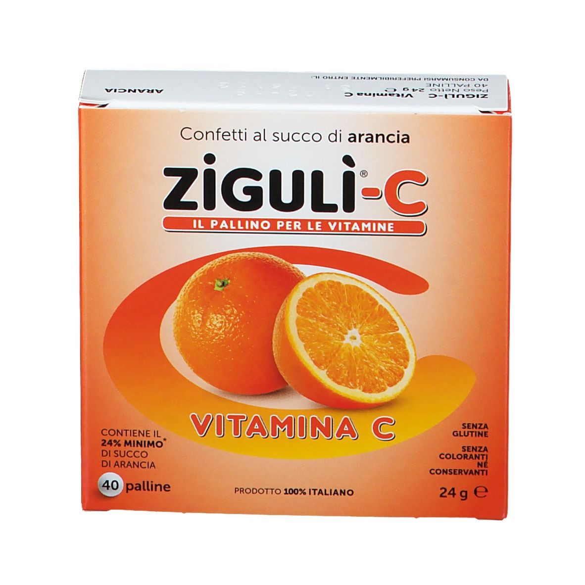 Boîte de Ziguli-C, vitamine C, goût orange. Contient 40 pastilles. Image d'oranges.