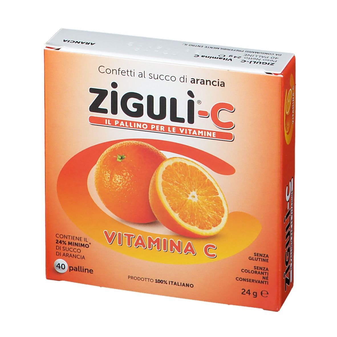 Boîte de Ziguli-C, vitamine C, goût orange. Contient 40 pastilles. Image d'oranges.
