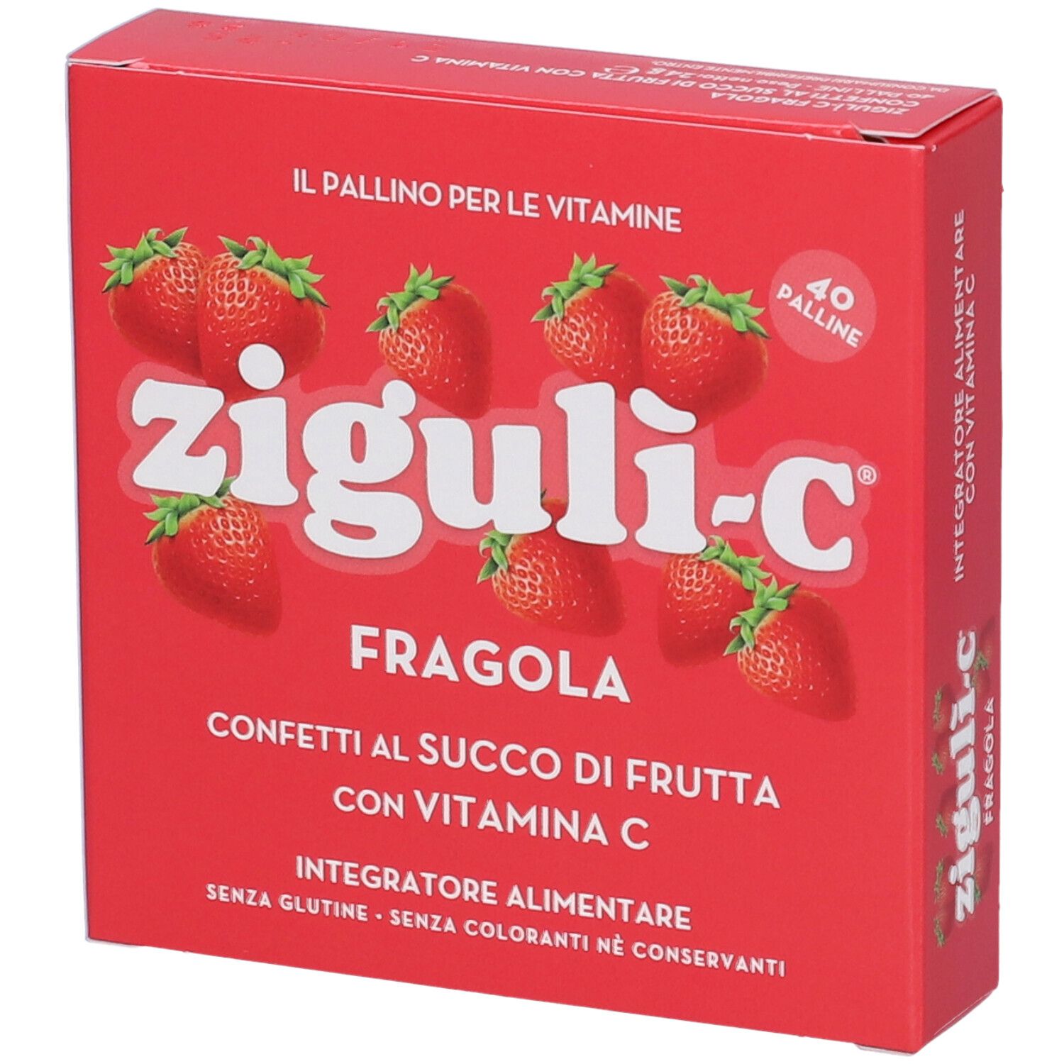 Rote Schachtel mit ziguli-c, Erdbeeren-Abbildung und Text. Enthält 40 Pillen. Aufschrift: Konfetti mit Vitamin C.