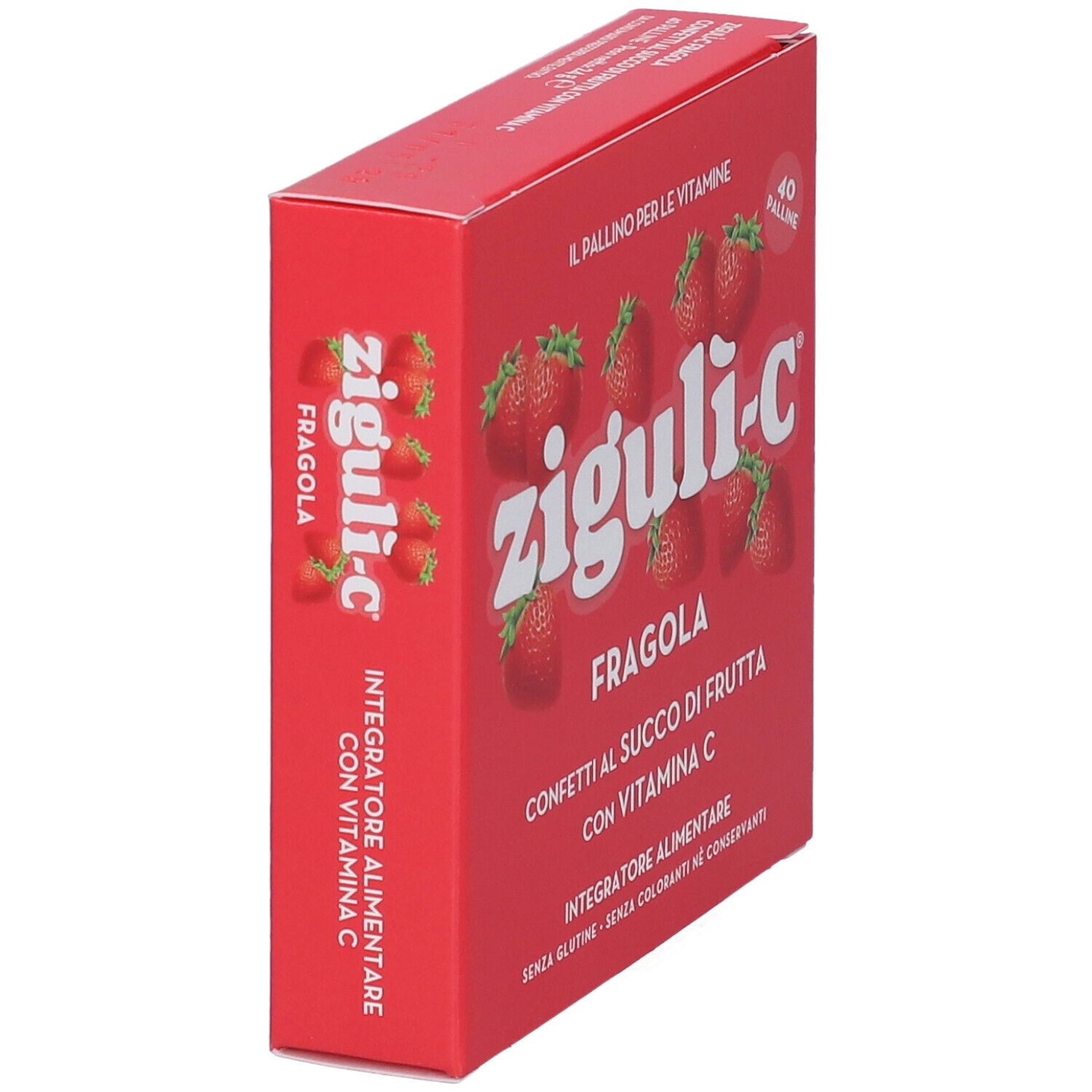 Rote Schachtel mit ziguli-c, Erdbeeren-Abbildung und Text. Seitenansicht. Enthält 40 Pillen. Konfetti mit Vitamin C.