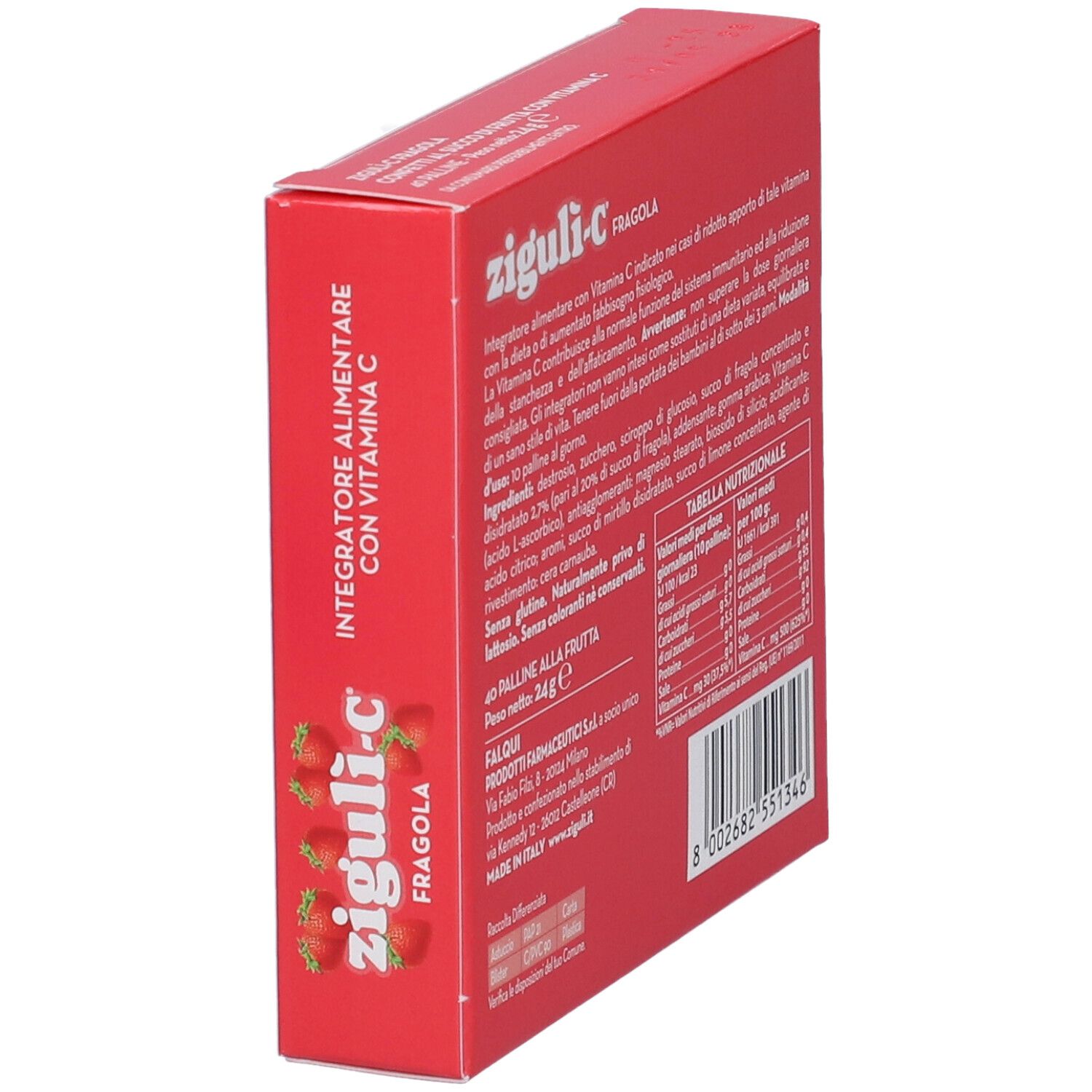 Rote Schachtel mit ziguli-c, Text und Nährwertangaben. Seitenansicht. Enthält 40 Pillen. Glutenfrei, ohne Farbstoffe und Konservierungsmittel.