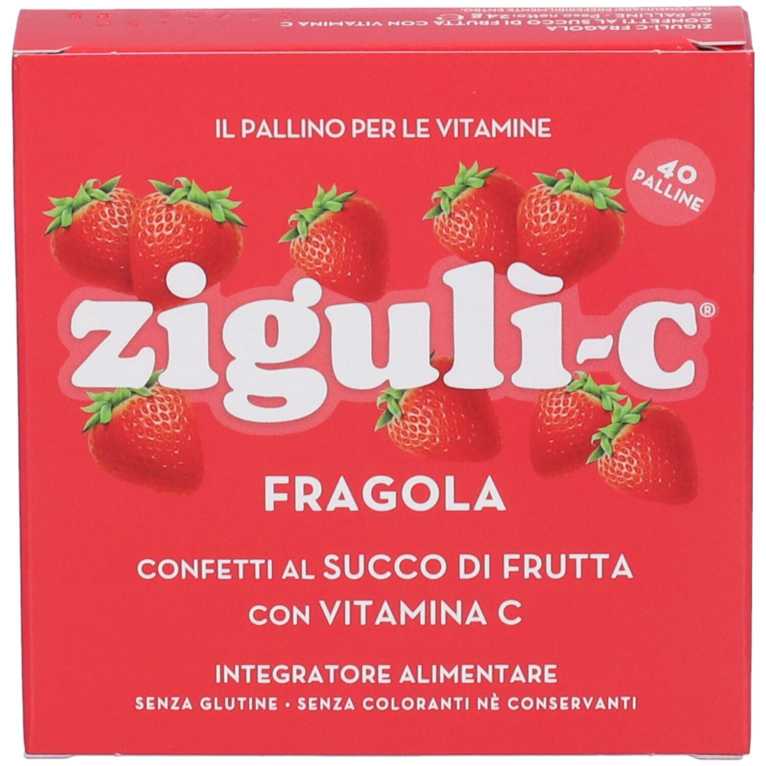 Rote Schachtel mit ziguli-c, Erdbeeren-Abbildung und Text. Enthält 40 Pillen. Aufschrift: Konfetti mit Vitamin C.