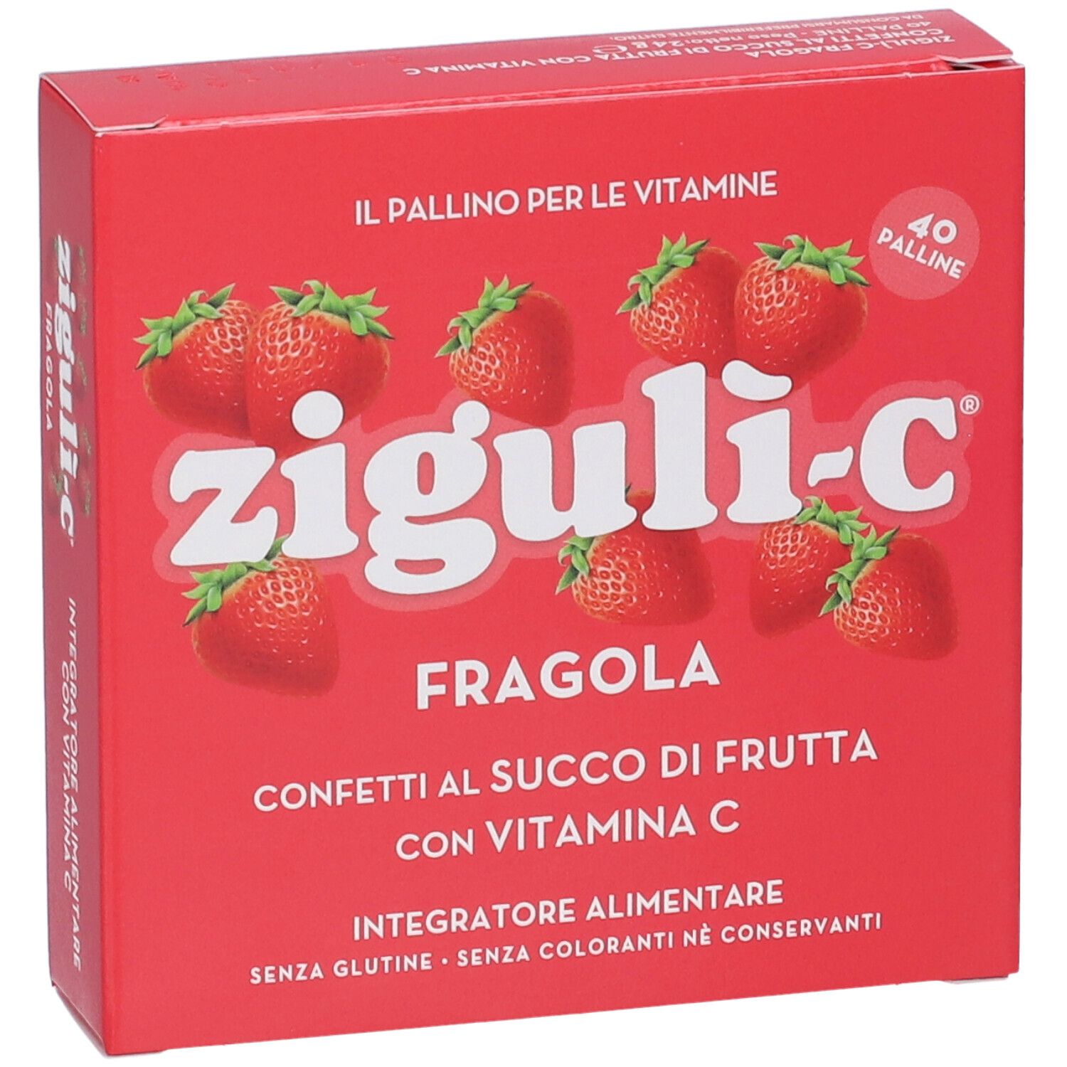 Rote Schachtel mit ziguli-c, Erdbeeren-Abbildung und Text. Enthält 40 Pillen. Aufschrift: Konfetti mit Vitamin C.