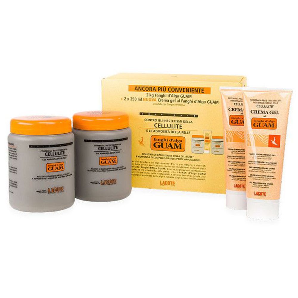 Zwei Tiegel und zwei Tuben mit orangefarbenen Deckeln und Etiketten. Eine Produktverpackung mit Produktabbildungen.