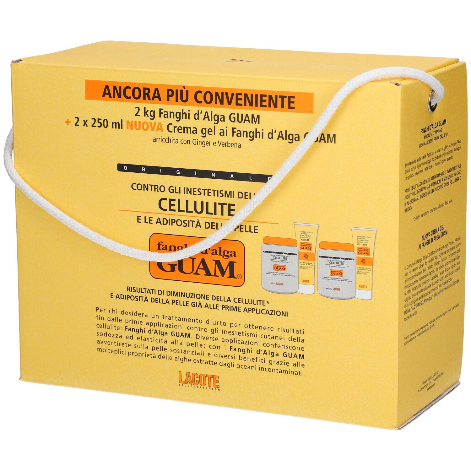 Gelbe Produktverpackung mit weißem Tragegriff. Text: 'GUAM', 'Cellulite'. Abbildungen von Produktbehältern.