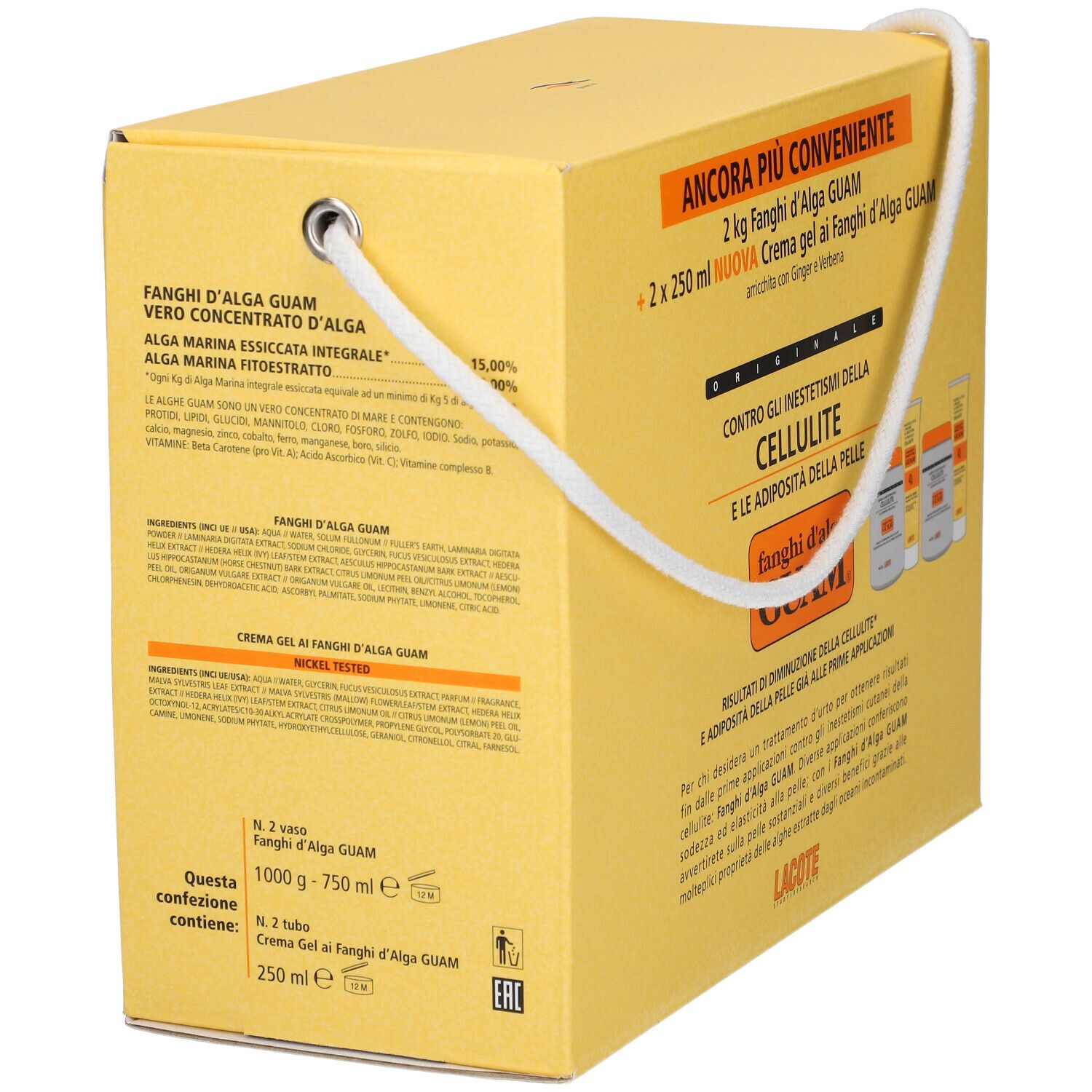 Gelbe Produktverpackung mit weißem Tragegriff. Text: 'GUAM', 'Cellulite'. Produktabbildungen und Produktinformationen.