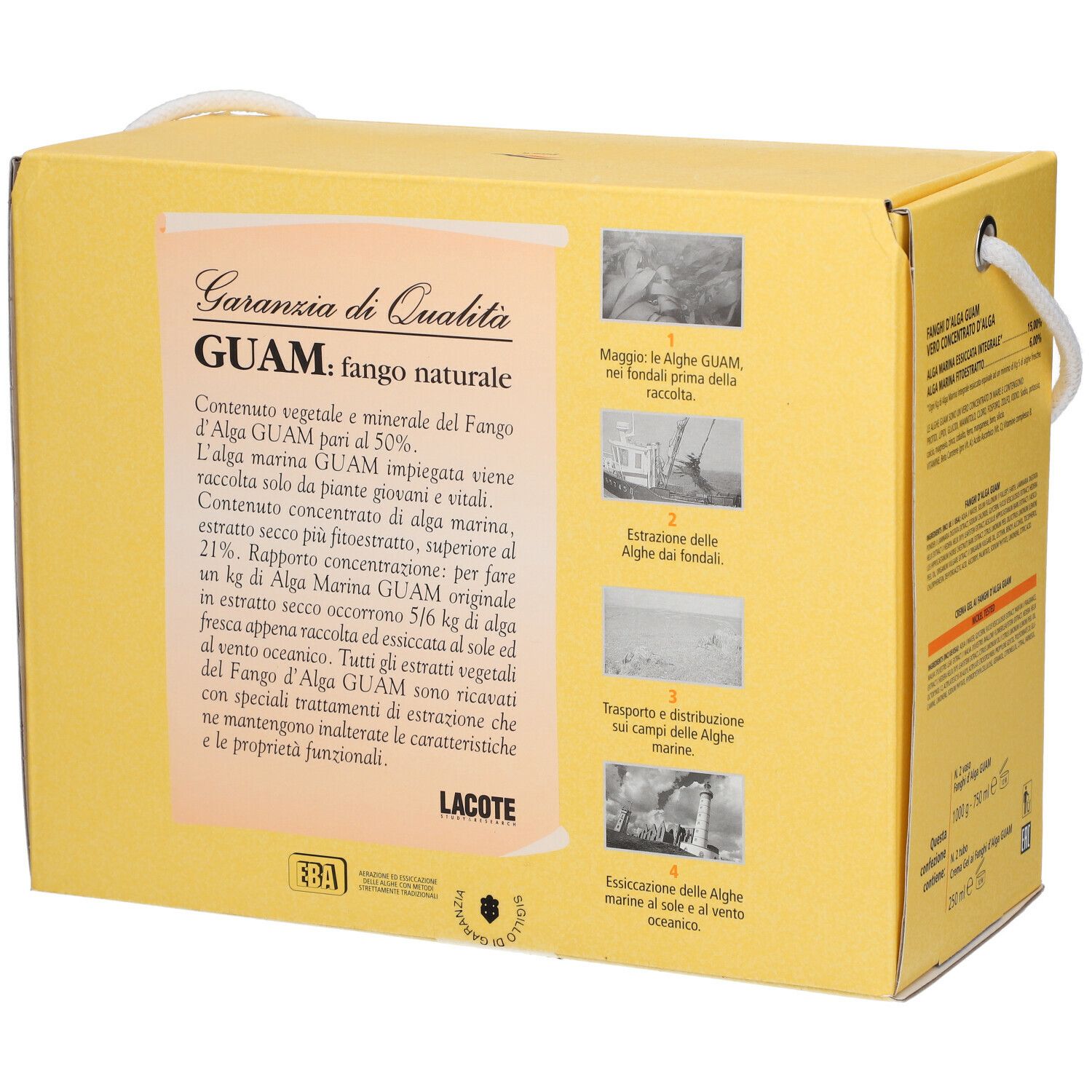 Gelbe Produktverpackung mit weißem Tragegriff. Text: 'GUAM', 'fango naturale'. Abbildungen von Algen.