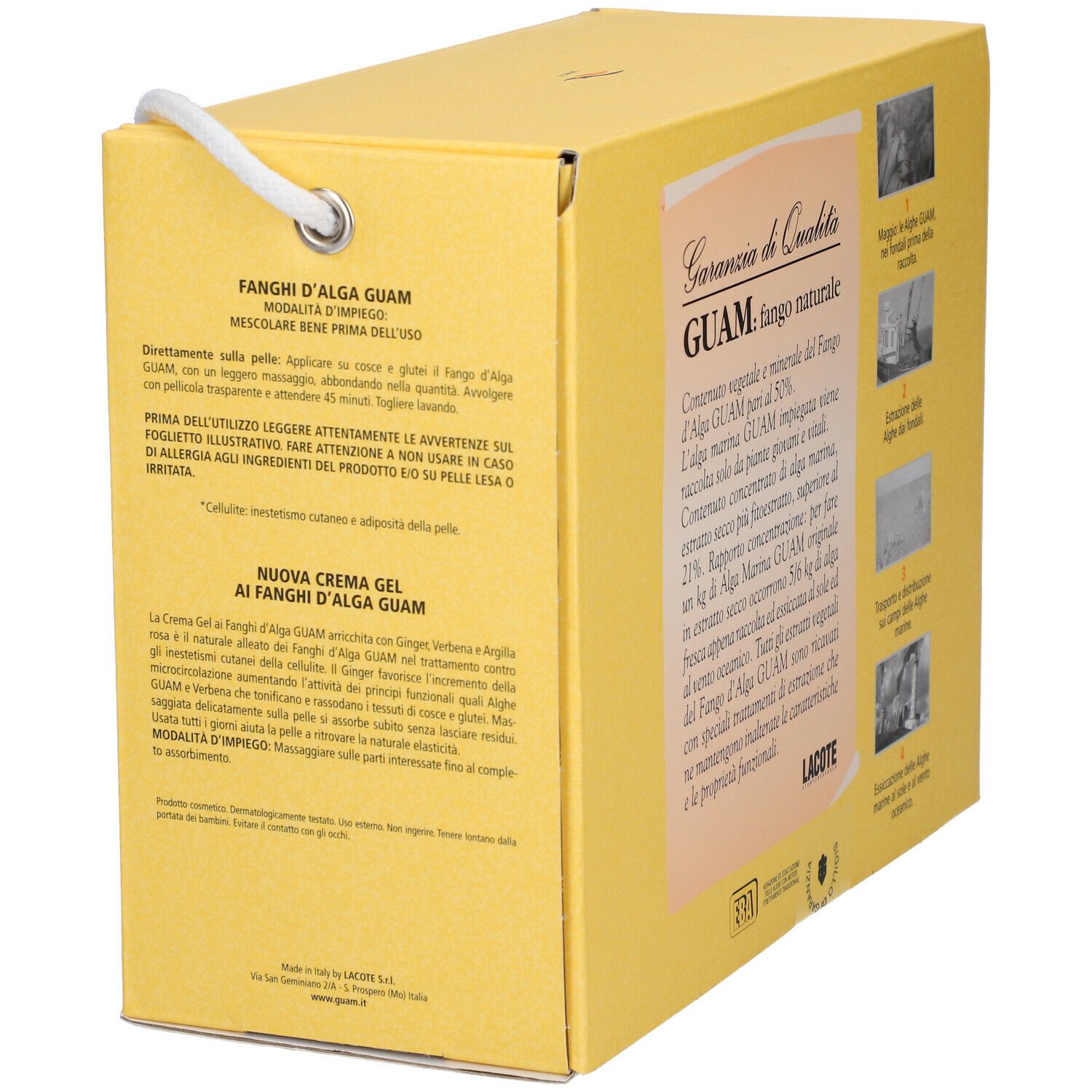 Gelbe Produktverpackung mit weißem Tragegriff. Text: 'GUAM', 'fango naturale'. Produktinformationen und Abbildungen.