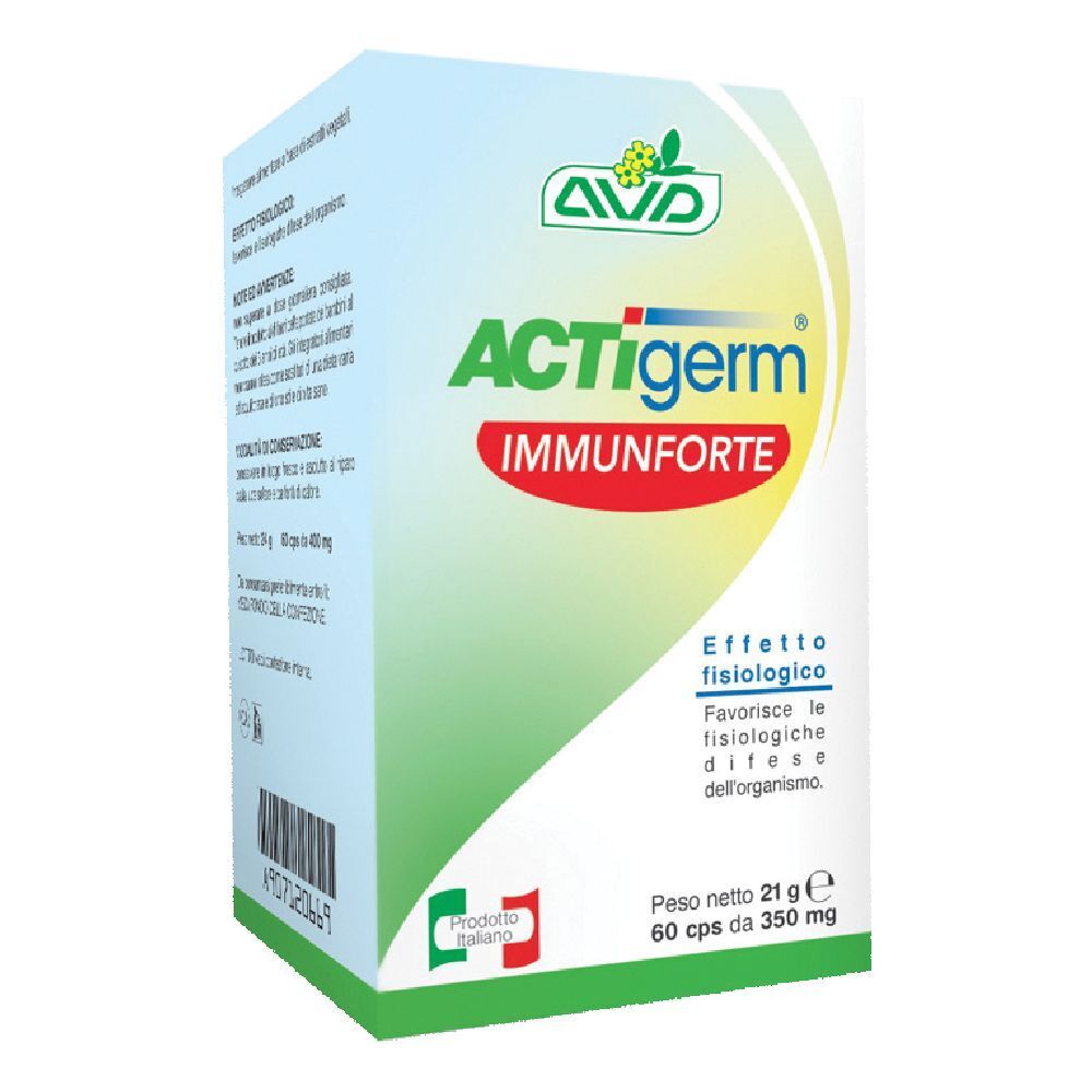 AVD ACTIgerm Immunforte Kapseln in einer Schachtel. Italienisches Produkt. Aufschrift: 60 cps, 21 g.