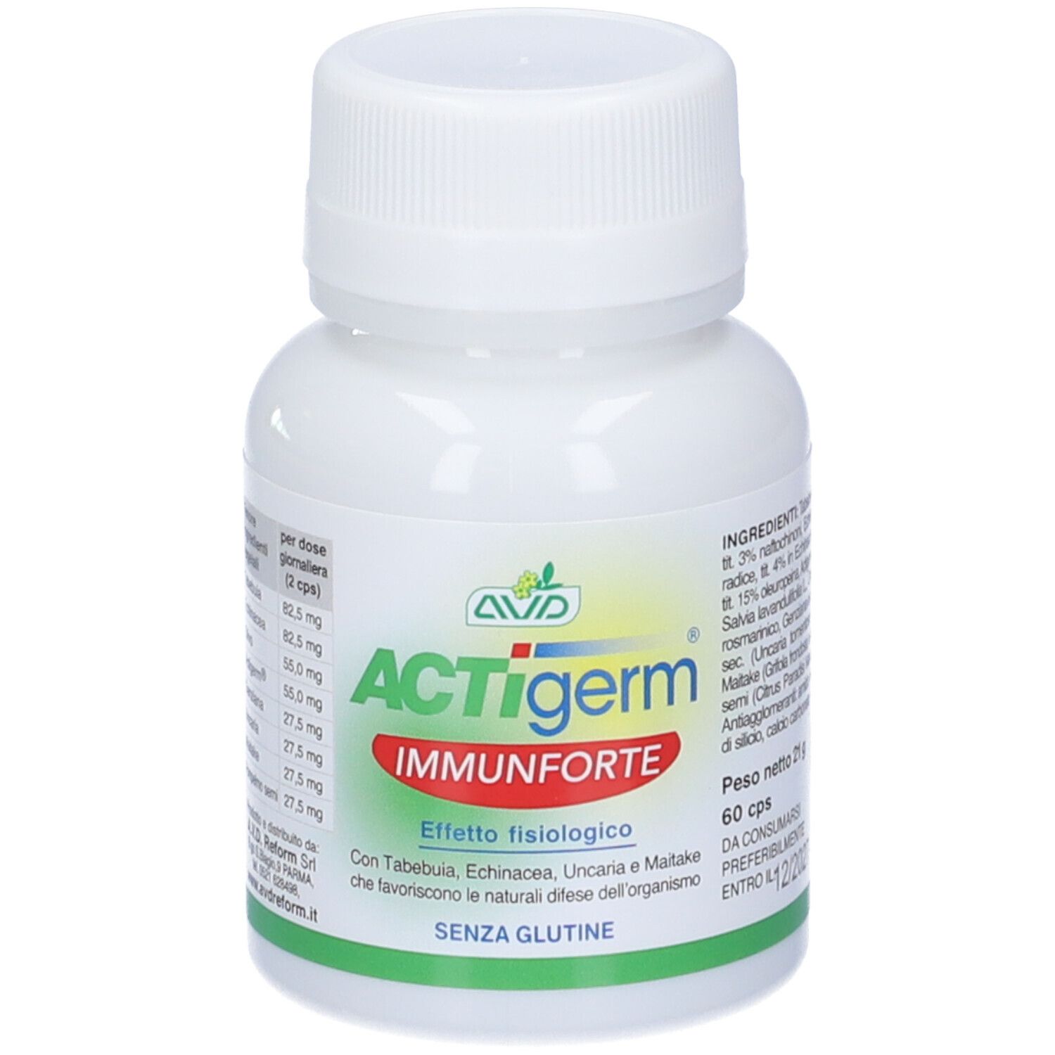 Weiße Flasche mit AVD ACTIgerm Immunforte Kapseln. Aufschrift: 60 cps. Ohne Gluten. Mit Inhaltsstoffen.