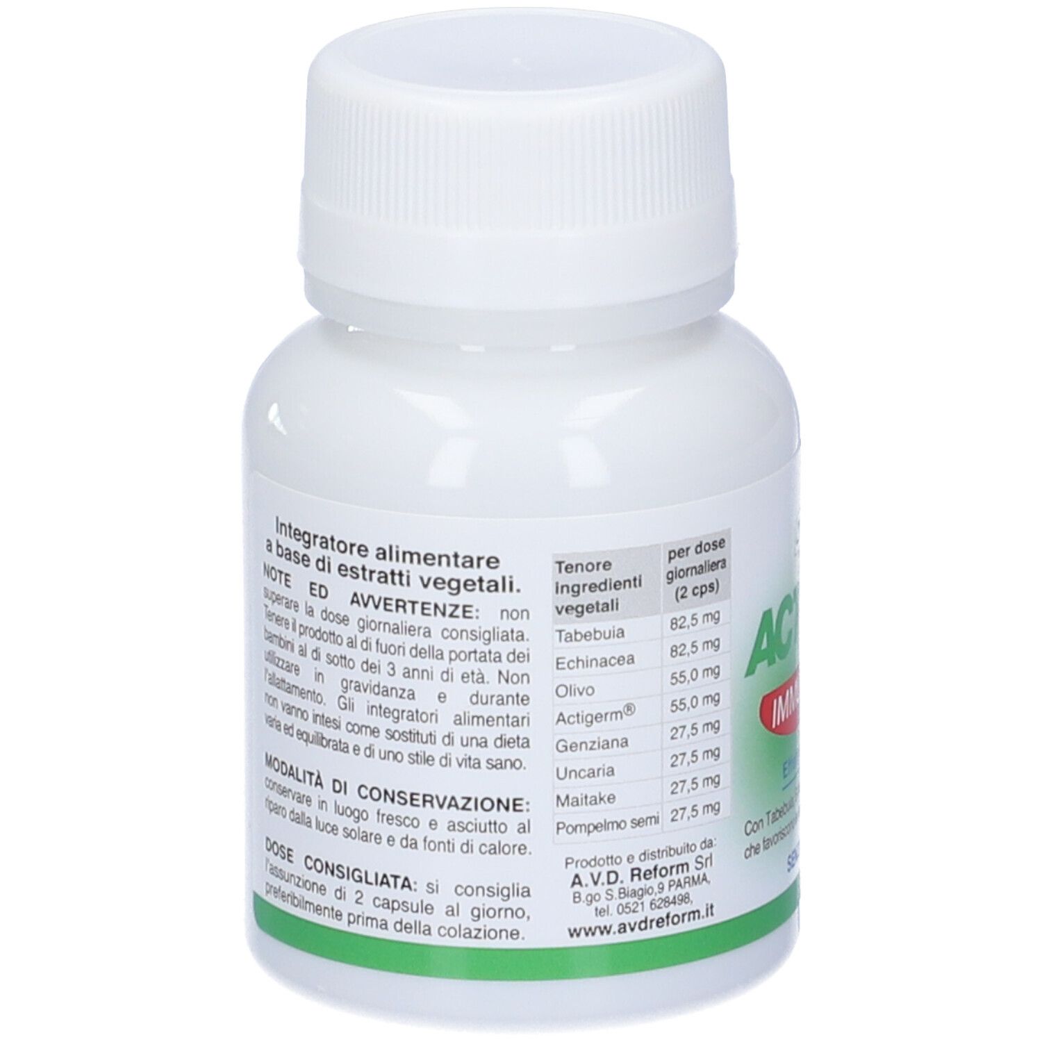 Rückseite einer weißen Flasche mit AVD ACTIgerm Immunforte Kapseln. Mit Inhaltsstoffen und Dosierung.
