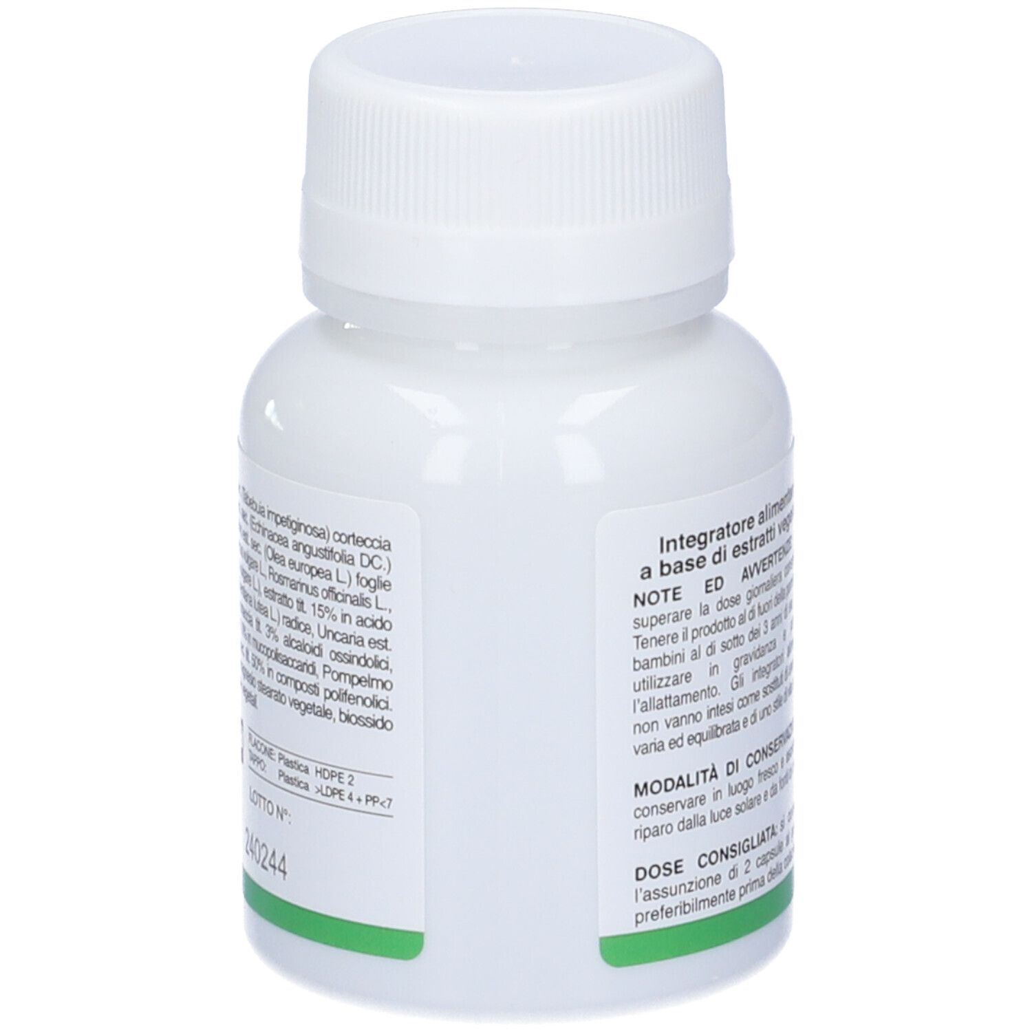 Rückseite einer weißen Flasche mit AVD ACTIgerm Immunforte Kapseln. Mit Inhaltsstoffen und Dosierung.