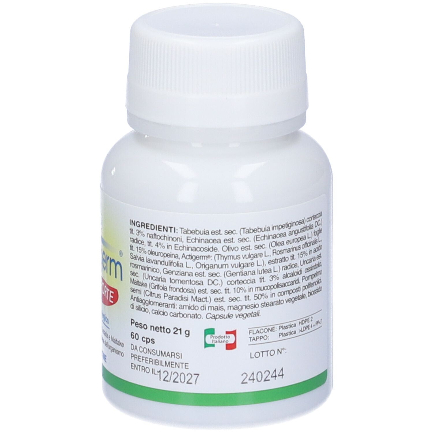 Rückseite einer weißen Flasche mit AVD ACTIgerm Immunforte Kapseln. Mit Inhaltsstoffen und Dosierung.