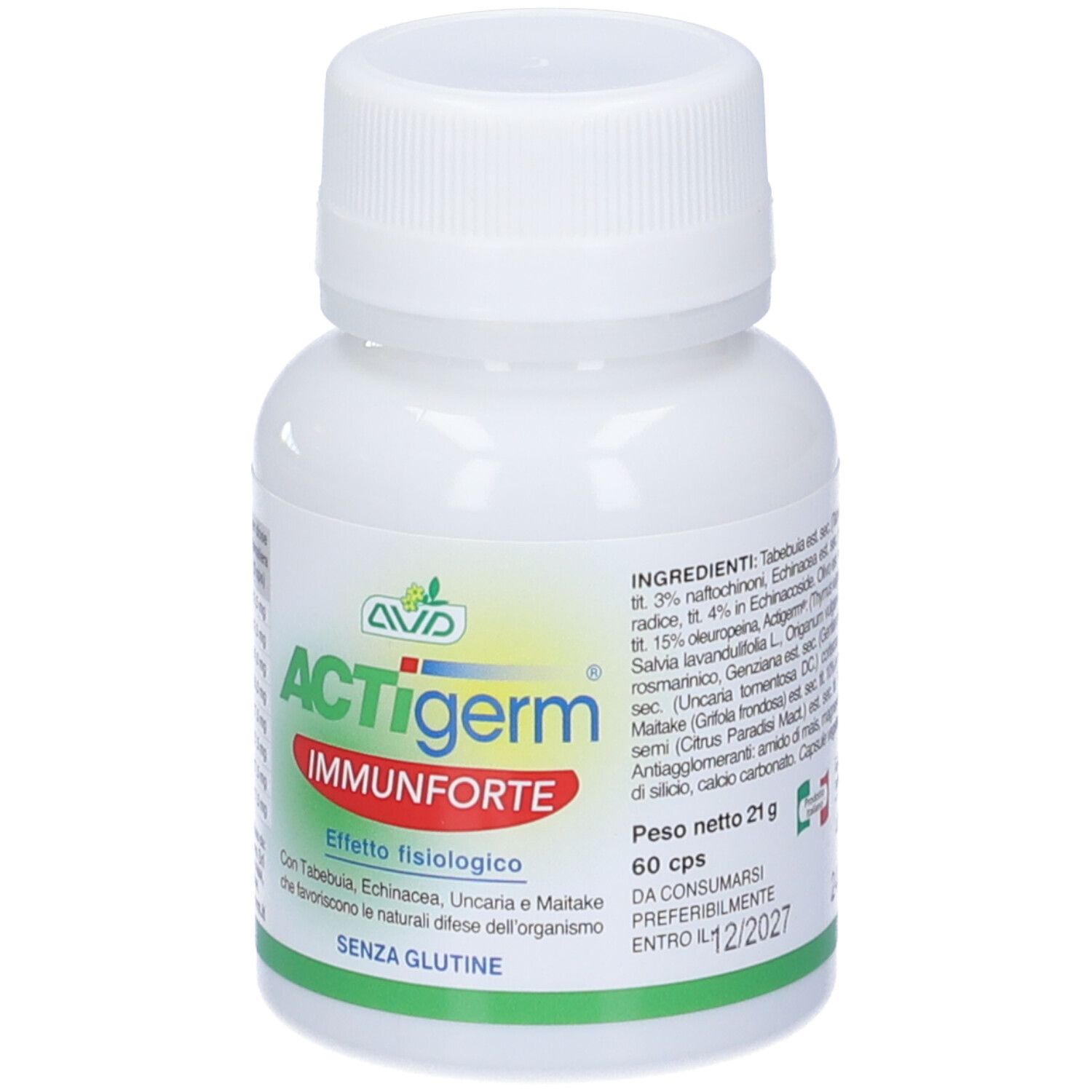 Weiße Flasche mit AVD ACTIgerm Immunforte Kapseln. Aufschrift: 60 cps. Ohne Gluten. Mit Inhaltsstoffen.