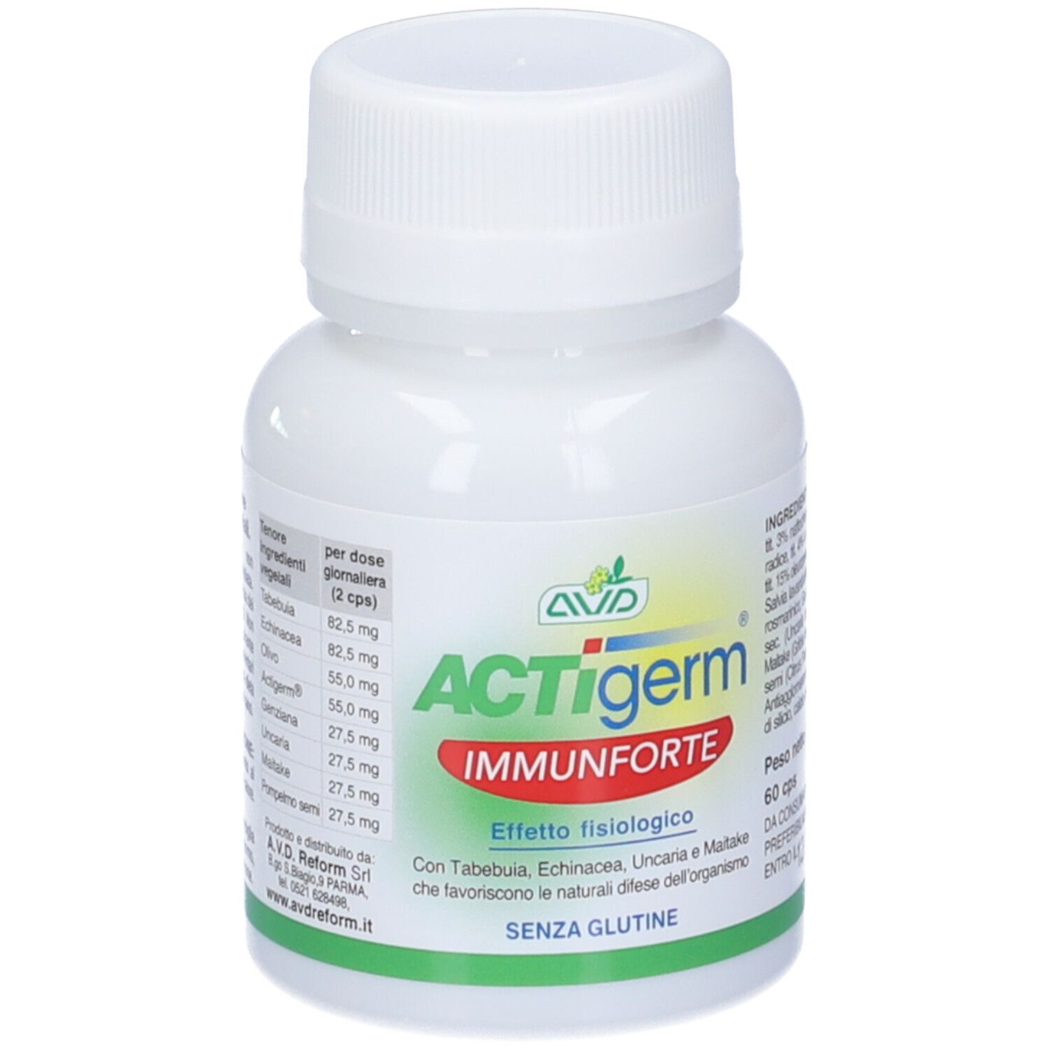 Weiße Flasche mit AVD ACTIgerm Immunforte Kapseln. Aufschrift: 60 cps. Ohne Gluten. Mit Inhaltsstoffen.