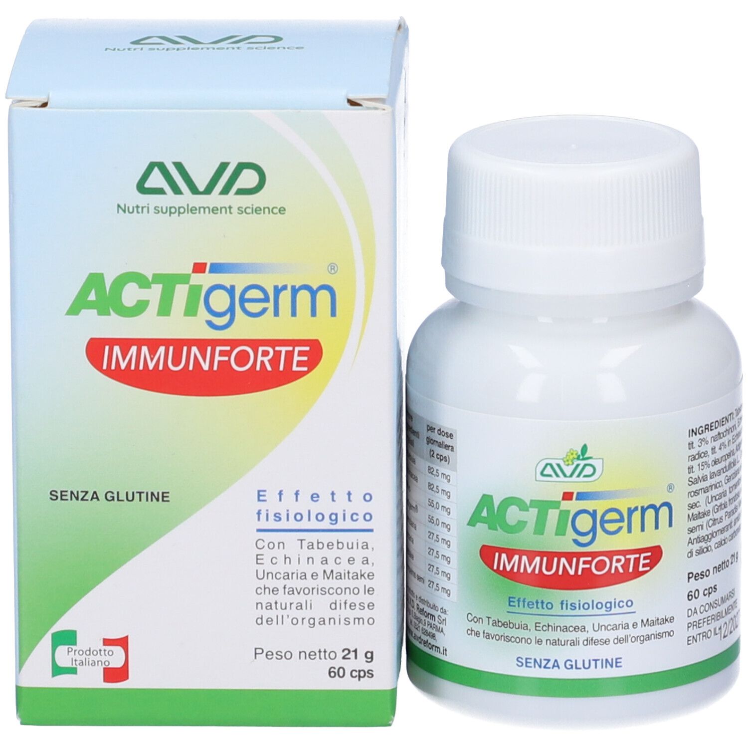 AVD ACTIgerm Immunforte Kapseln und Schachtel. Aufschrift: 60 cps. Ohne Gluten. Italienisches Produkt.