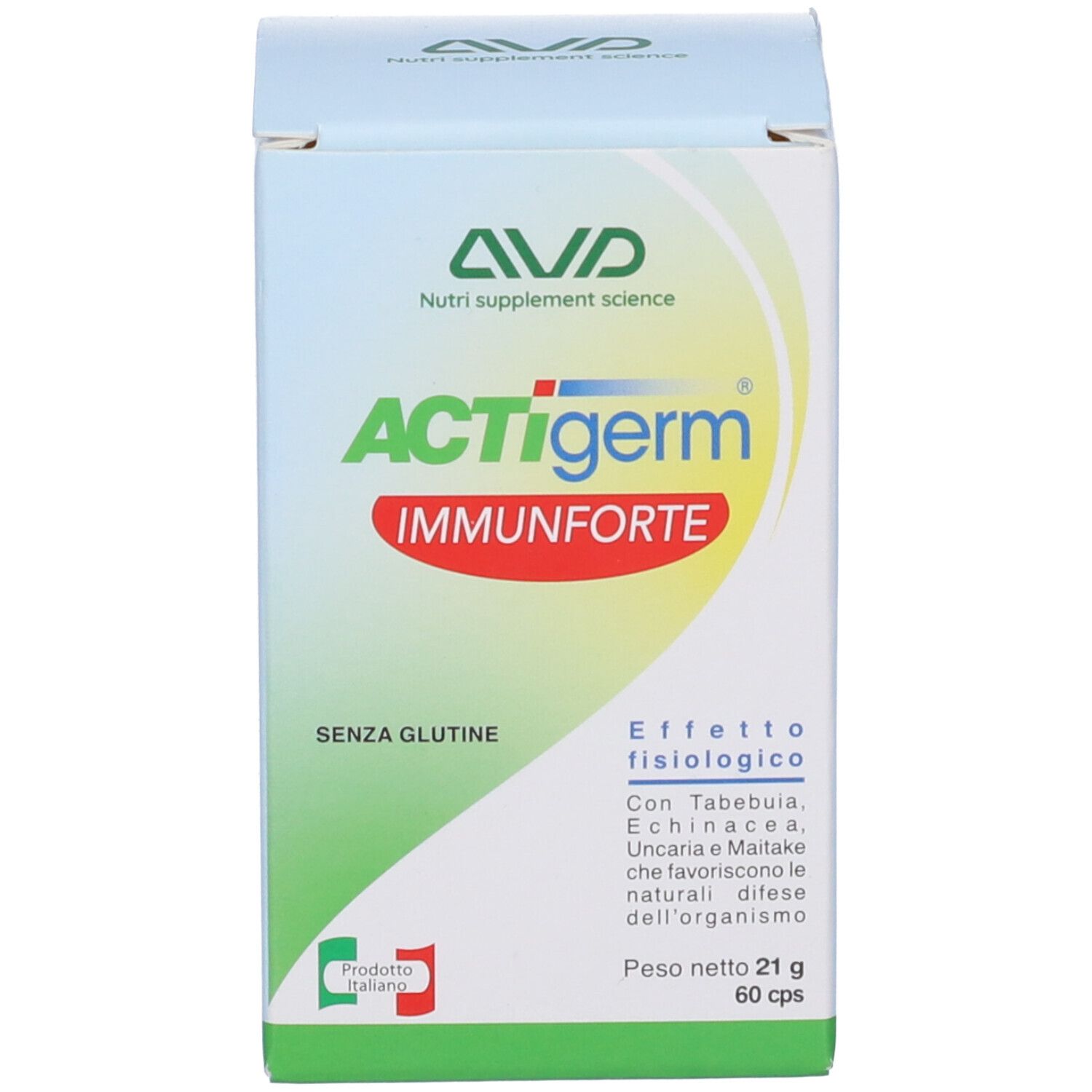 Schachtel mit AVD ACTIgerm Immunforte Kapseln. Aufschrift: 60 cps. Ohne Gluten. Italienisches Produkt.