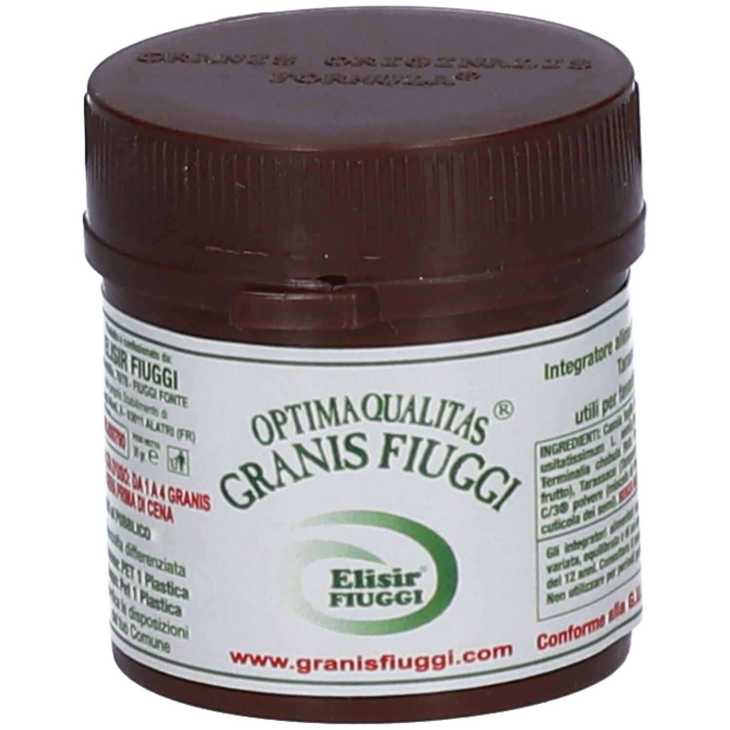 Braune Dose mit weißem Etikett. Aufschrift: Optima Qualitas Granis Fiuggi. Grünes Logo: Elixir Fiuggi. www.granisfiuggi.com.