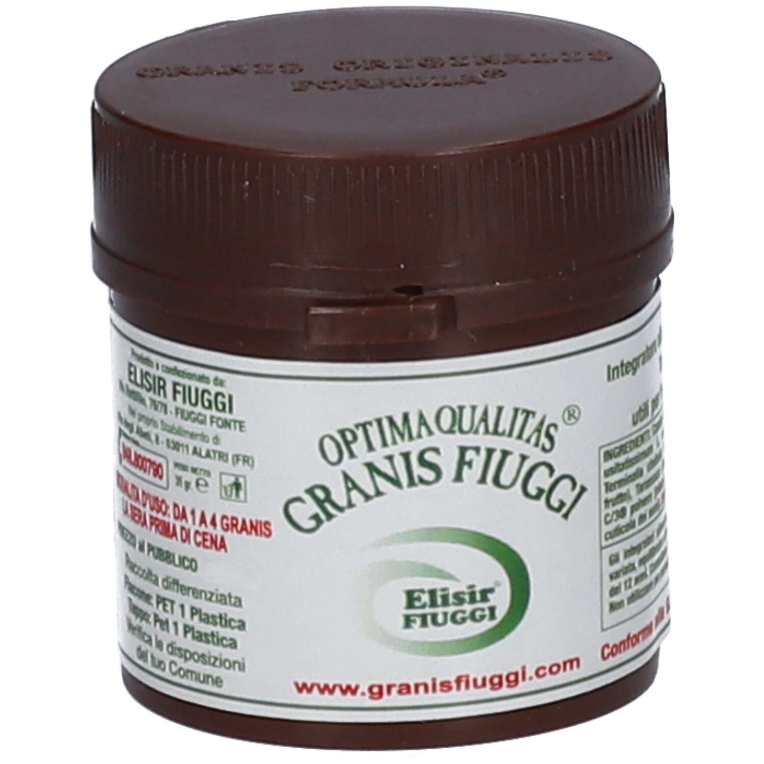 Braune Dose mit weißem Etikett. Aufschrift: Optima Qualitas Granis Fiuggi. Grünes Logo: Elixir Fiuggi. www.granisfiuggi.com.