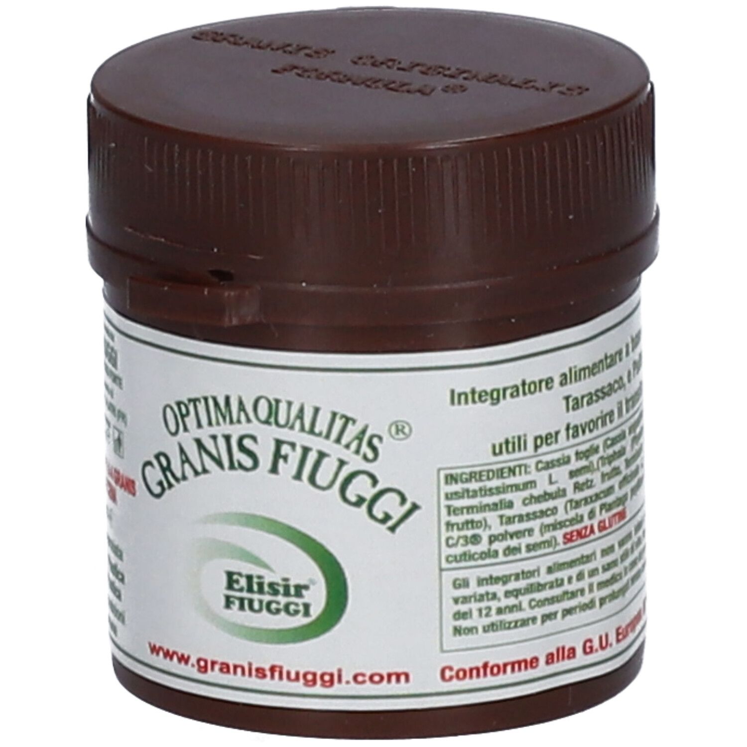 Braune Dose mit weißem Etikett. Aufschrift: Optima Qualitas Granis Fiuggi. Grünes Logo: Elixir Fiuggi. www.granisfiuggi.com. Inhaltsstoffe.