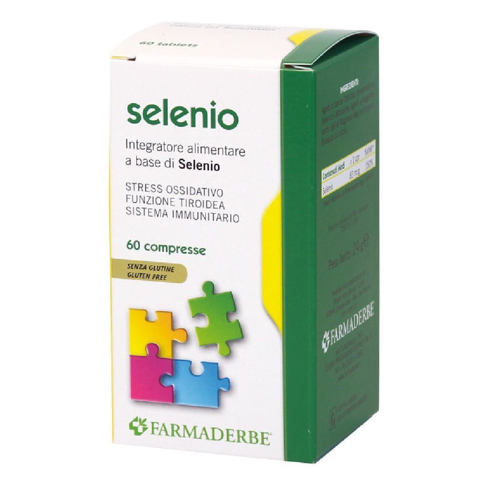 Boîte de Selenio 60 comprimés. Inscription: Integratore alimentare a base di Selenio, 60 compresse, sans gluten. Logo Farmaderbe.