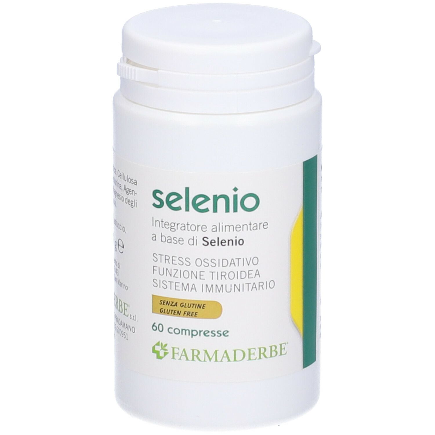Flacon blanc de Selenio. Inscription: Integratore alimentare a base di Selenio, 60 compresse, sans gluten. Logo Farmaderbe.