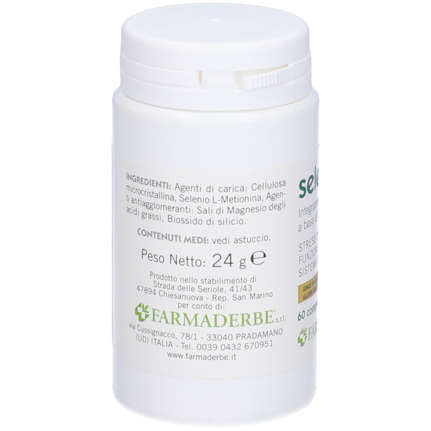 Flacon blanc de Selenio. Dos avec ingrédients, poids net 24g et informations fabricant. Logo Farmaderbe.