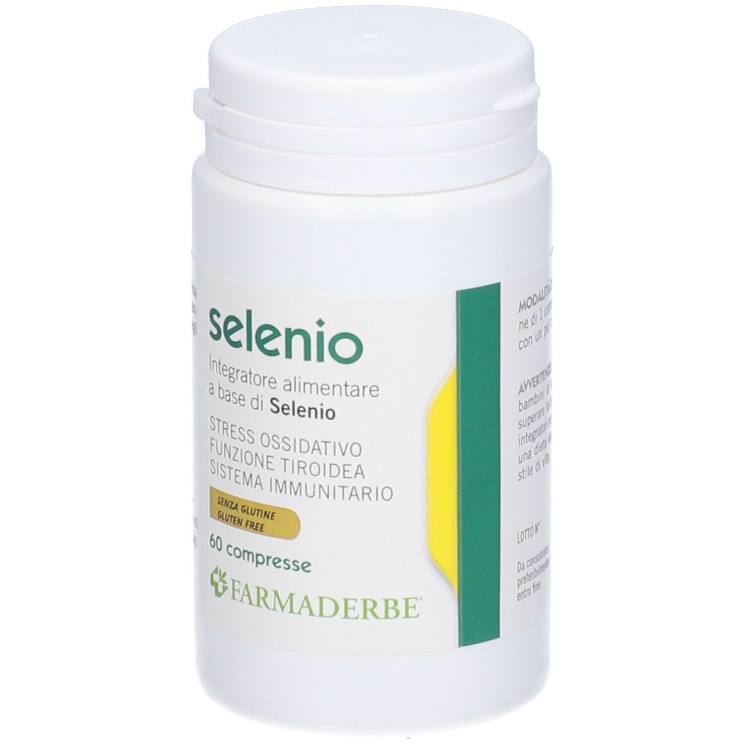 Flacon blanc Selenio. Inscription: Integratore alimentare a base di Selenio, 60 compresse, sans gluten. Logo Farmaderbe.
