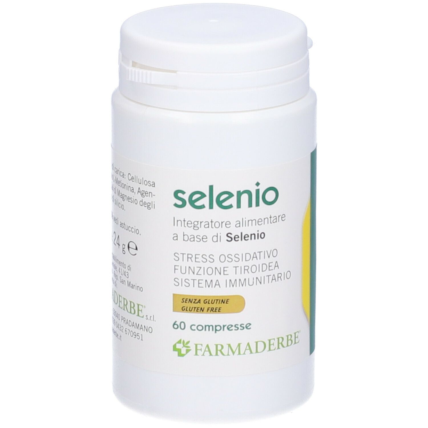 Flacon blanc Selenio. Inscription: Integratore alimentare a base di Selenio, 60 compresse, sans gluten. Logo Farmaderbe.